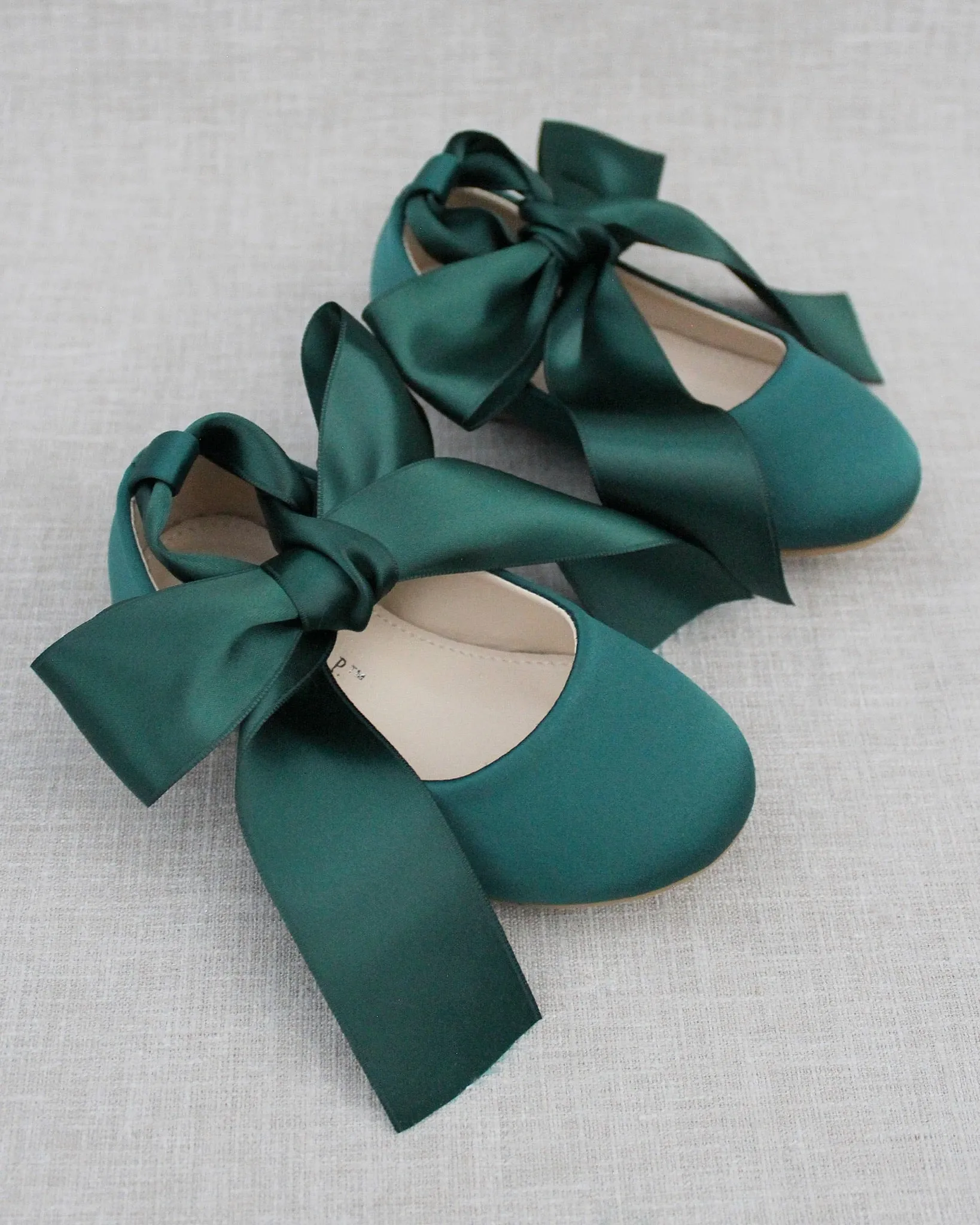 Hunter Green Satin Flats with Ankle Tie or Ballerina Lace Ups