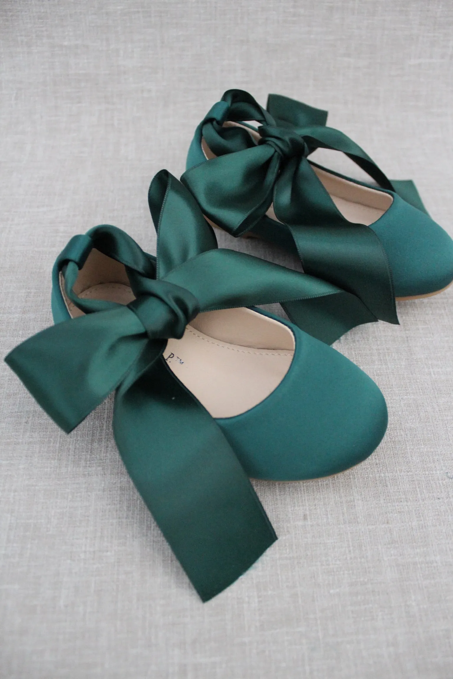 Hunter Green Satin Flats with Ankle Tie or Ballerina Lace Ups