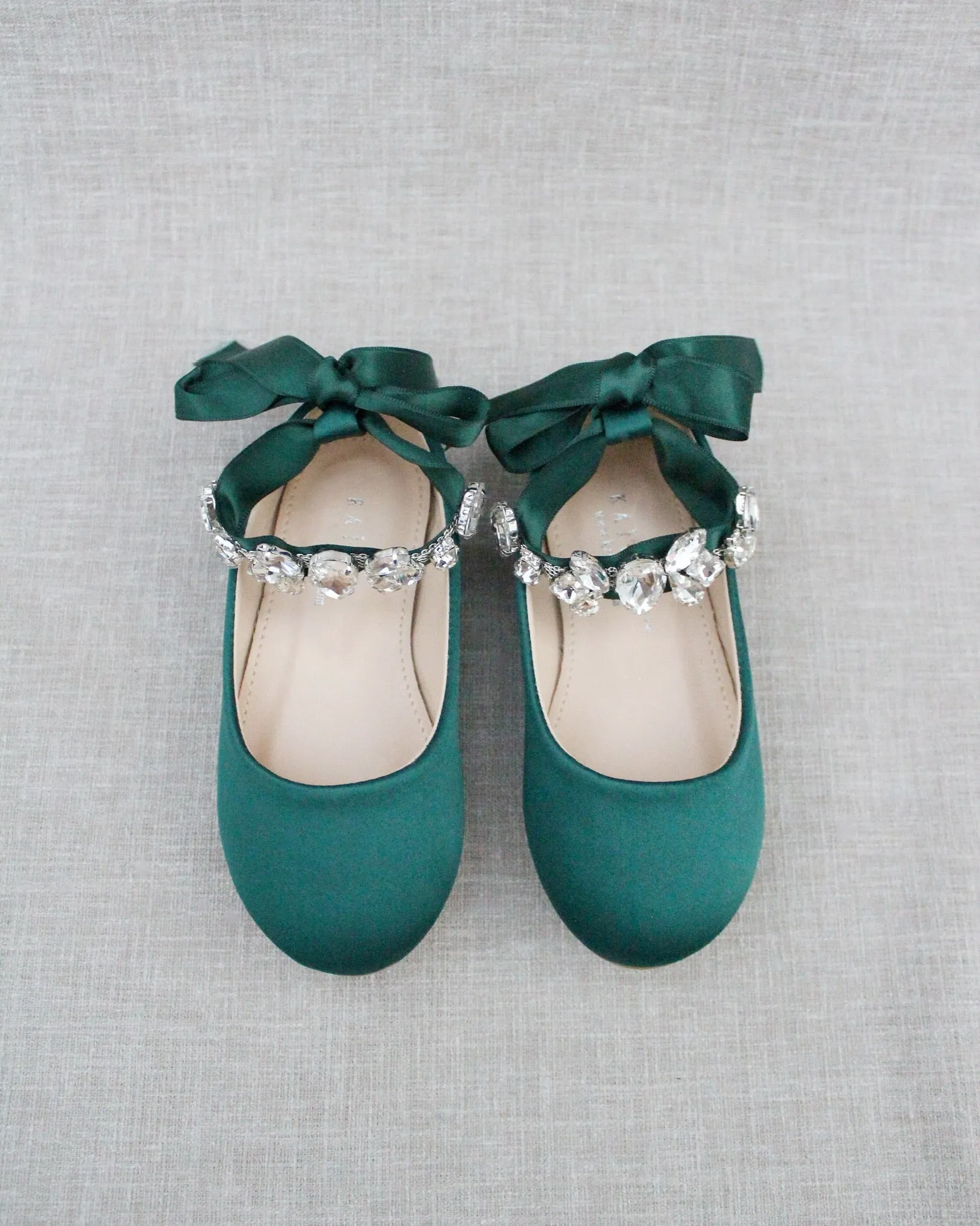 Hunter Green Satin Flats with Rhinestone Cluster - Shop Now