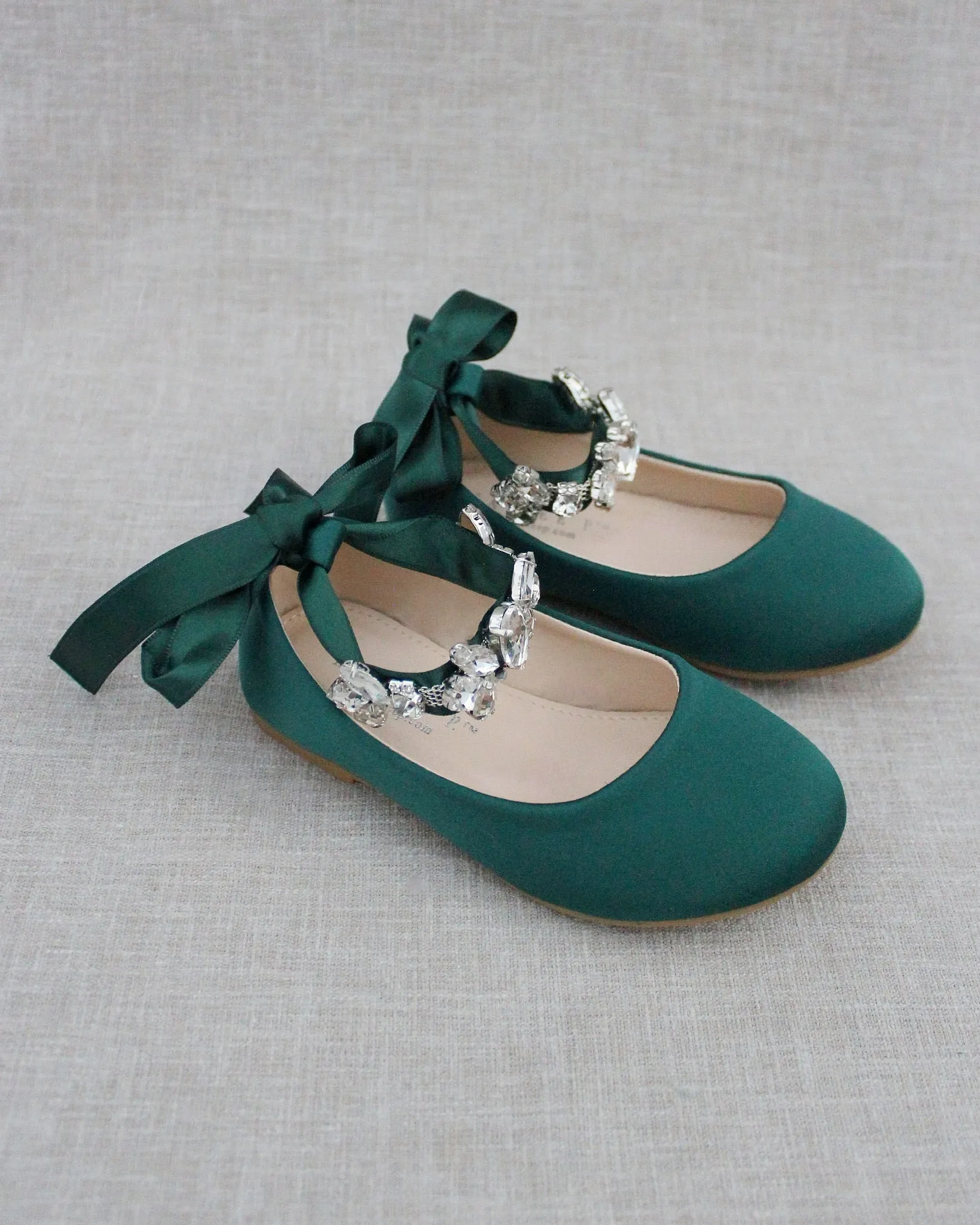 Hunter Green Satin Flats with Rhinestone Cluster - Shop Now