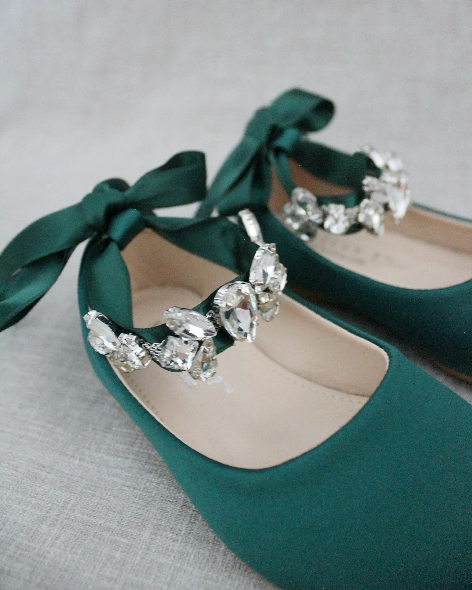 Hunter Green Satin Flats with Rhinestone Cluster - Shop Now