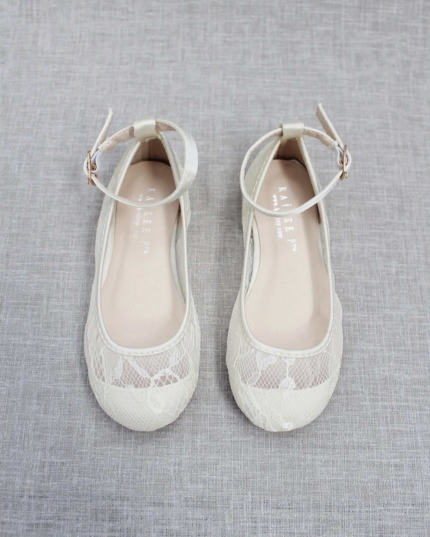 Ivory Lace Ballet Flats with Ankle Strap