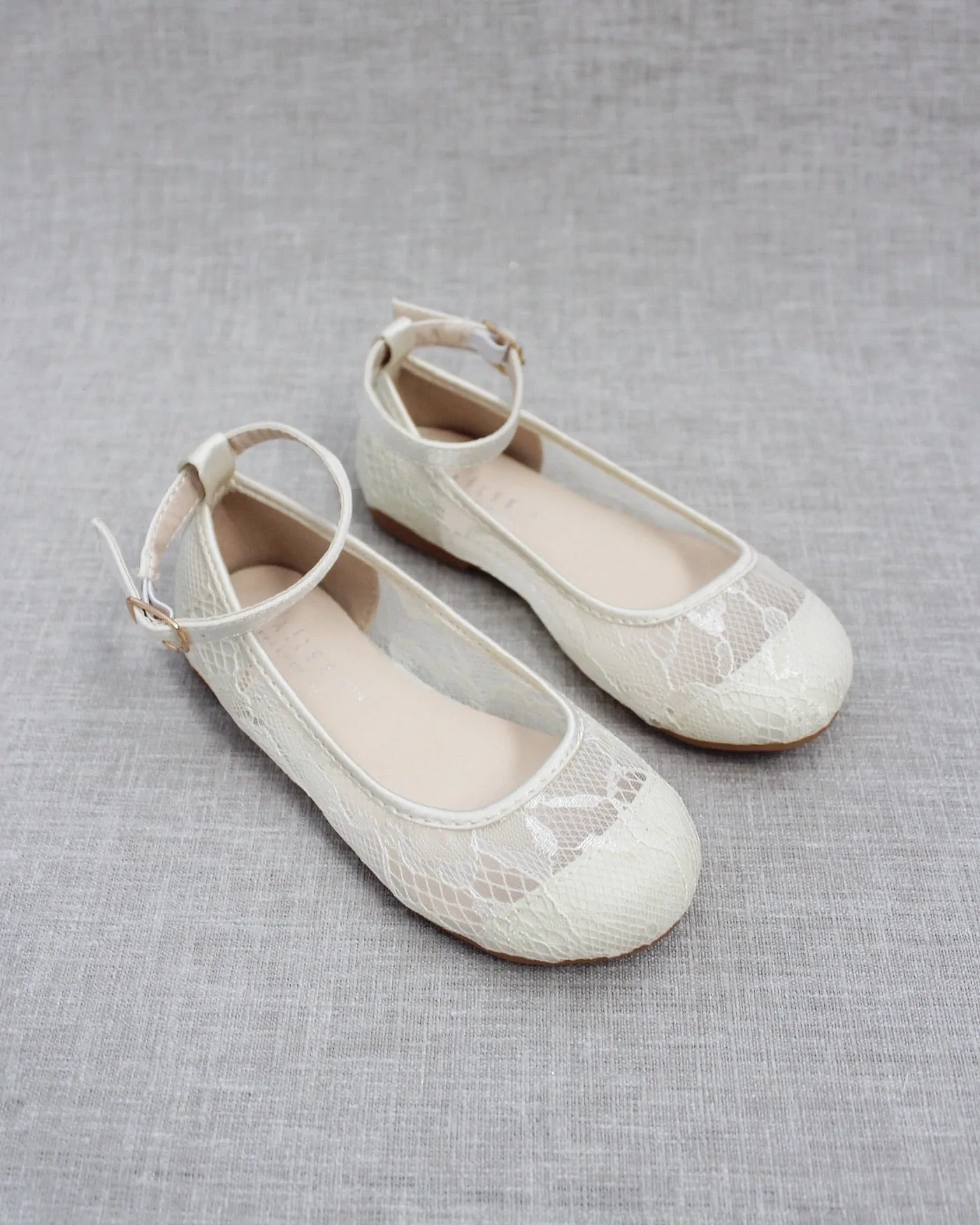 Ivory Lace Ballet Flats with Ankle Strap