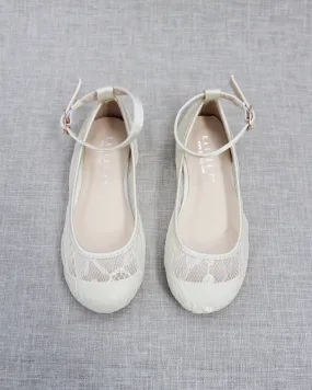 Ivory Lace Ballet Flats with Ankle Strap