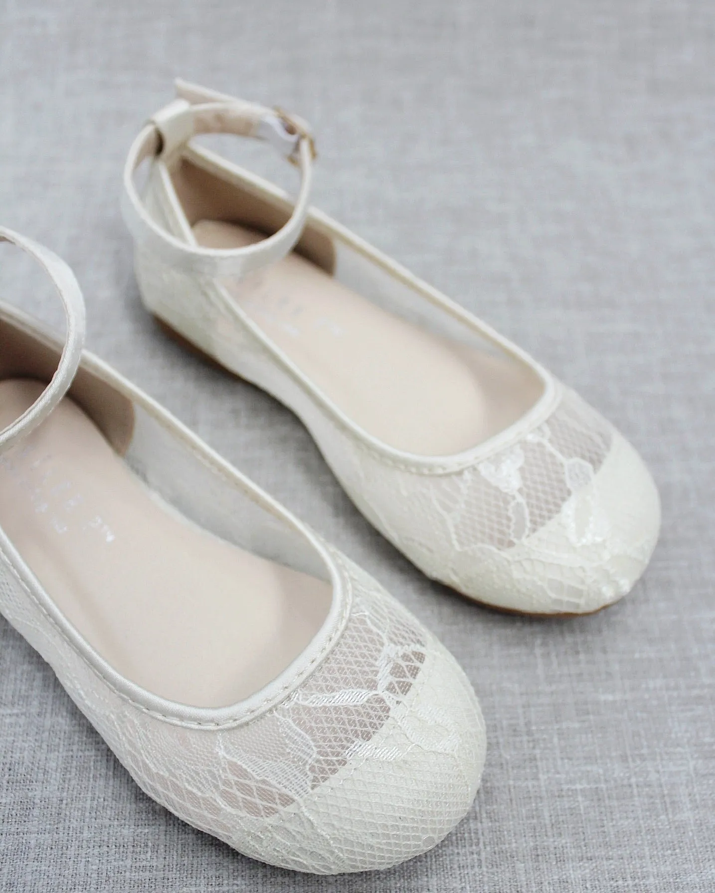 Ivory Lace Ballet Flats with Ankle Strap