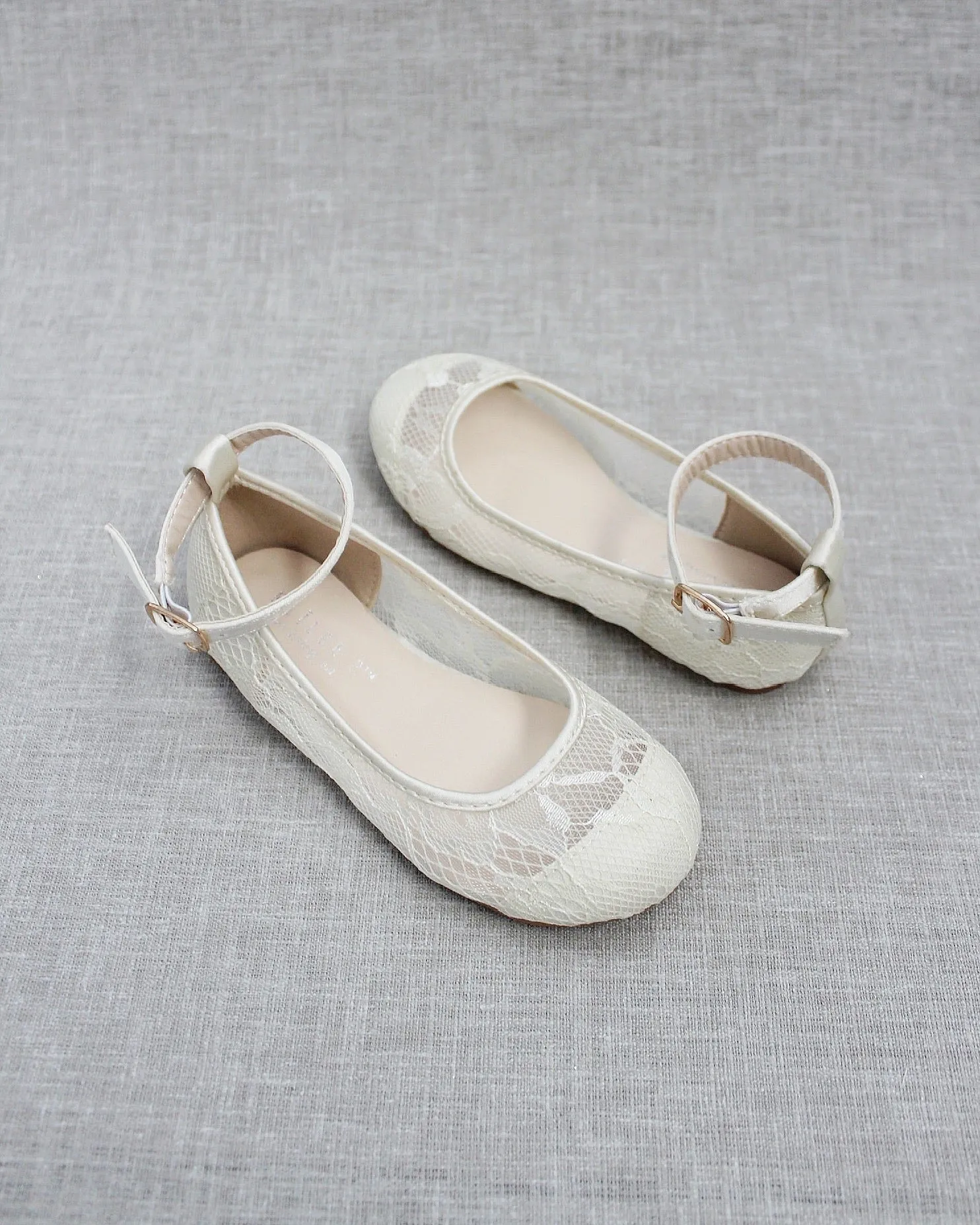 Ivory Lace Ballet Flats with Ankle Strap