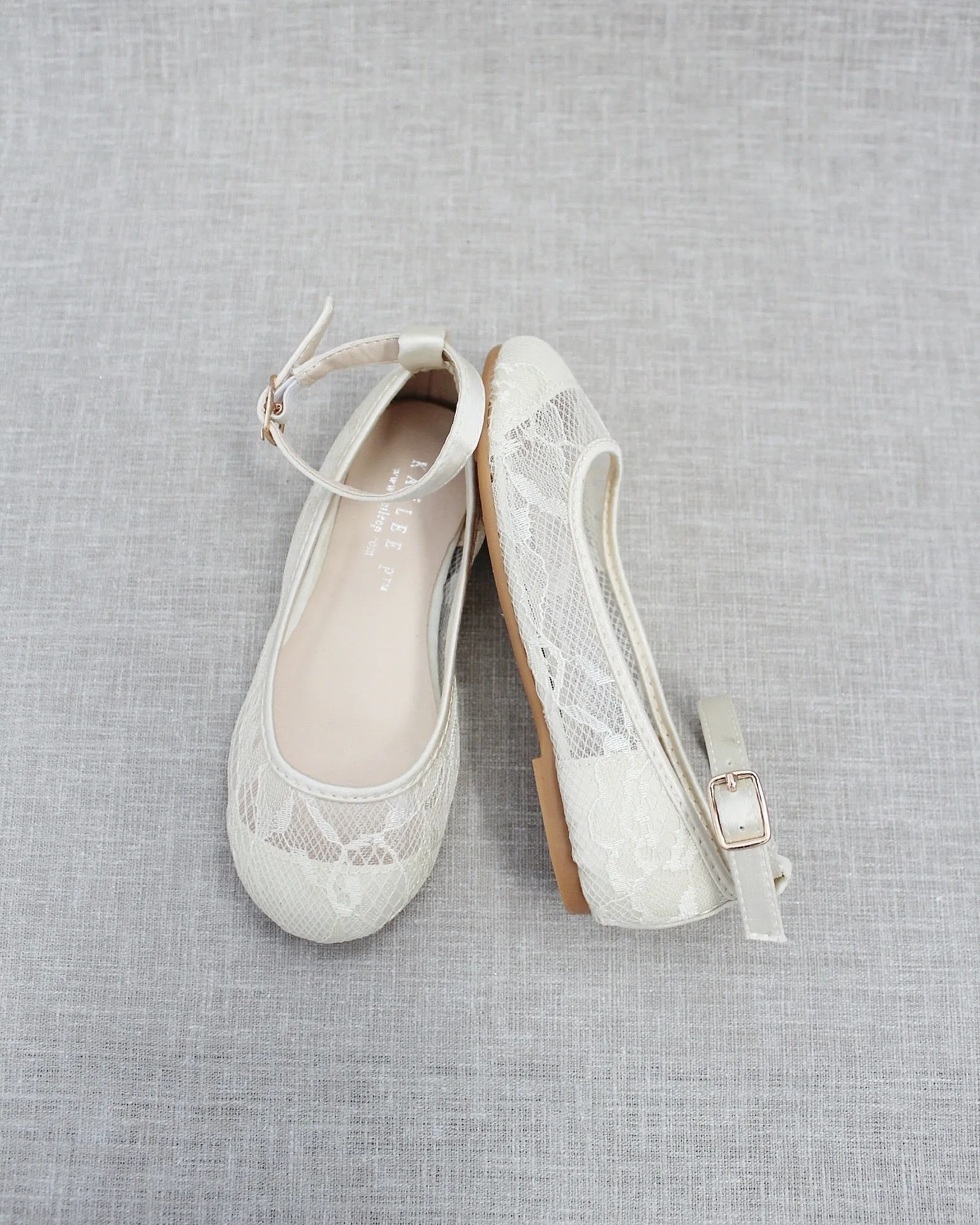 Ivory Lace Ballet Flats with Ankle Strap