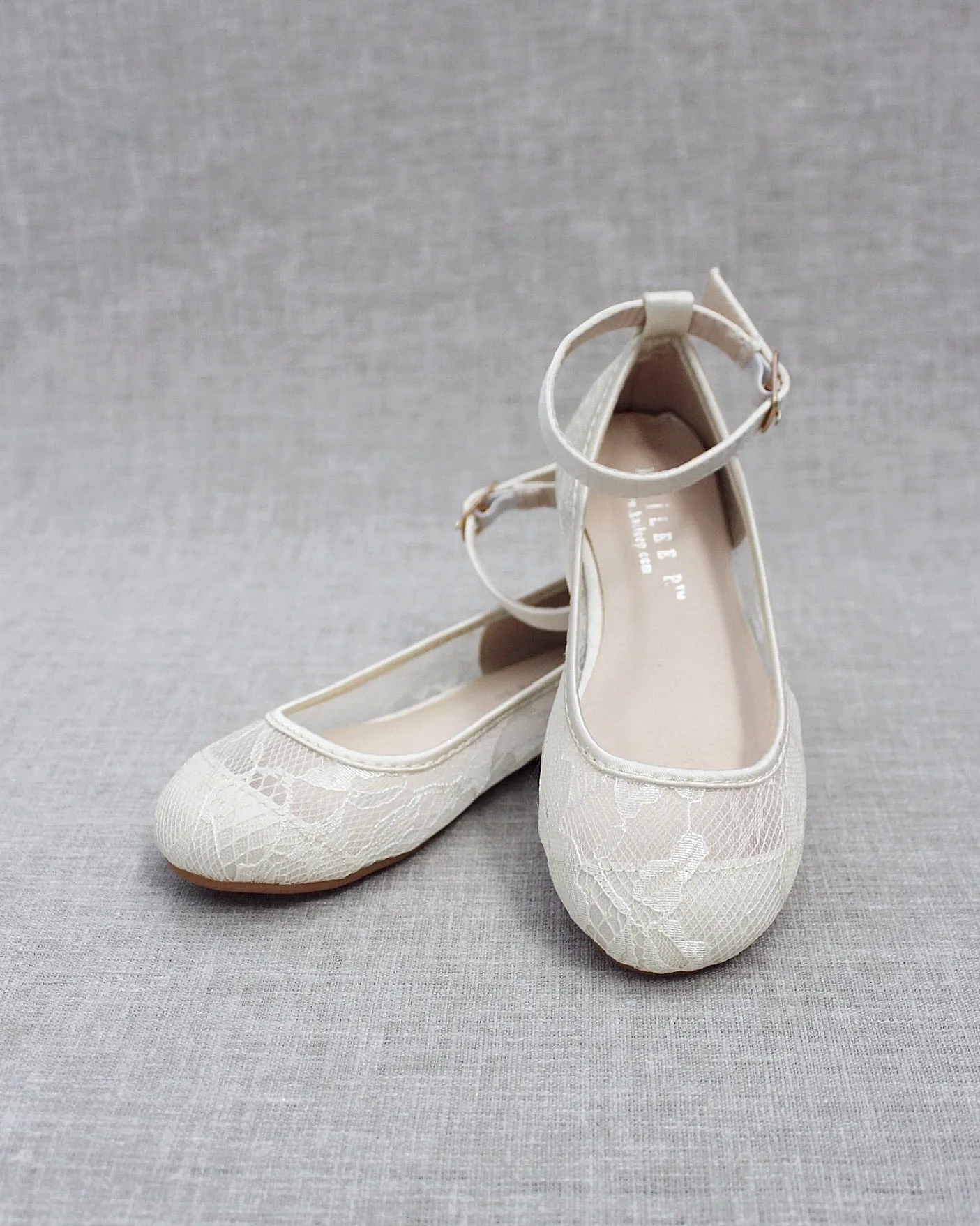 Ivory Lace Ballet Flats with Ankle Strap