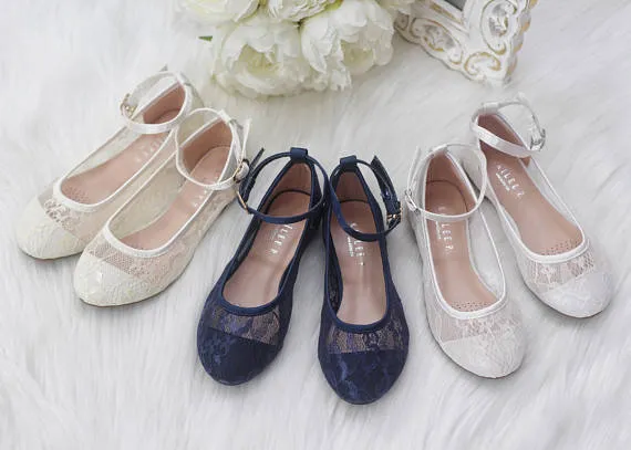 Ivory Lace Ballet Flats with Ankle Strap