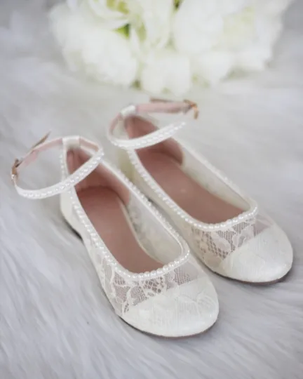 Ivory lace ballet flats with pearls ankle strap.