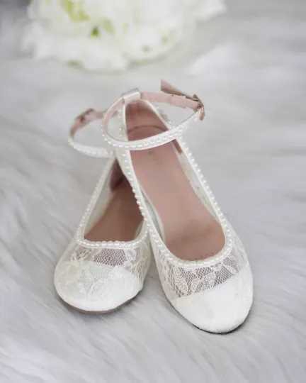 Ivory lace ballet flats with pearls ankle strap.