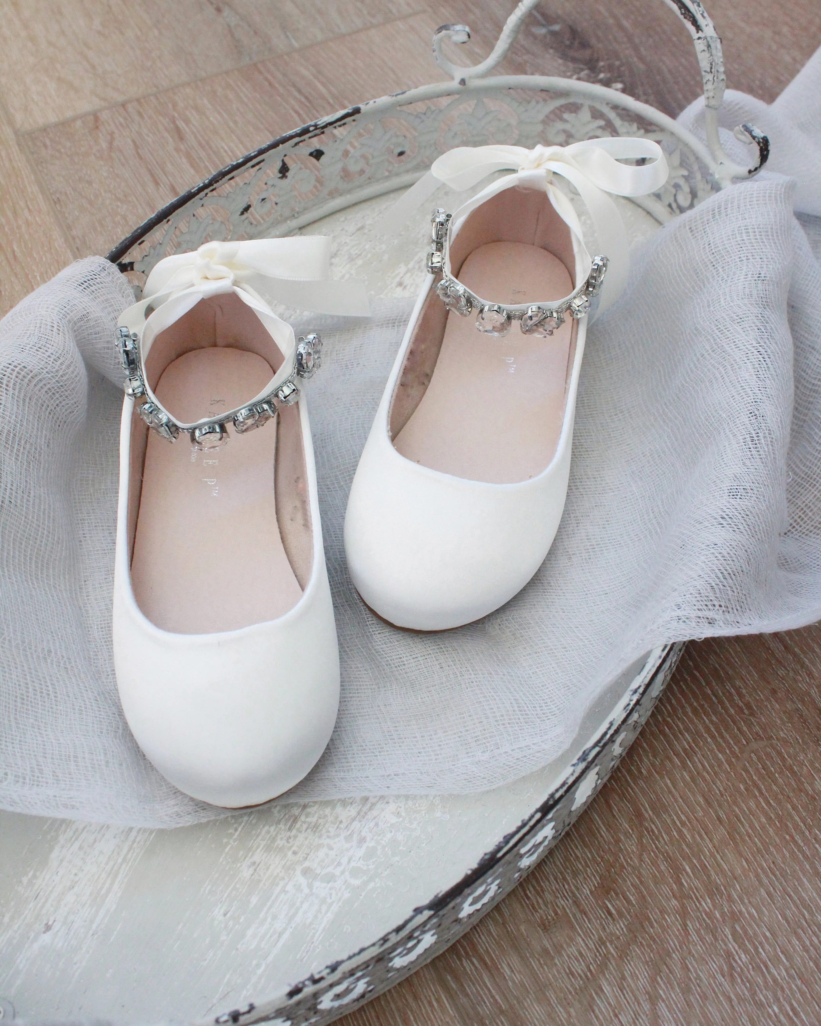 Ivory Satin Ballet Flats with Rhinestones