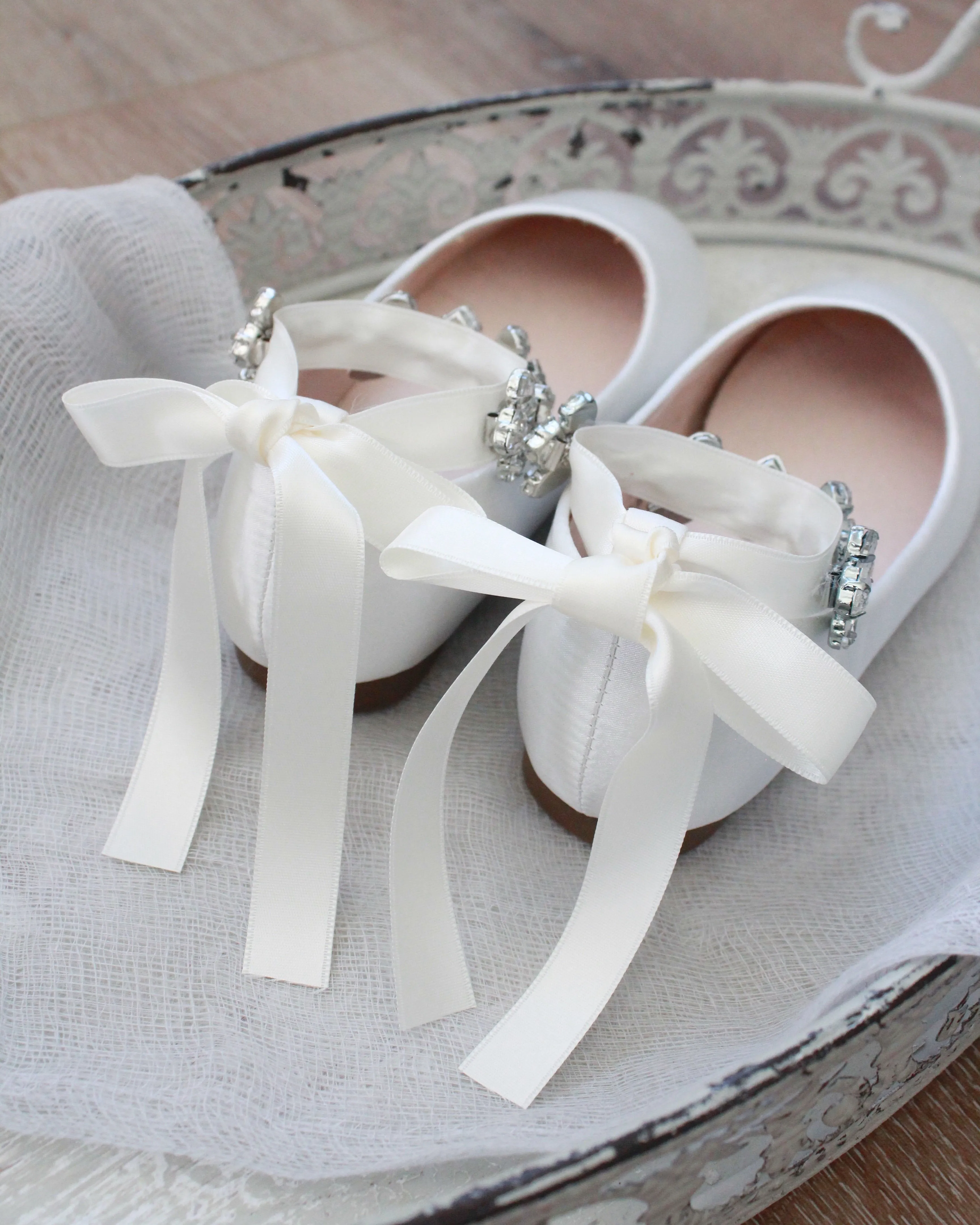 Ivory Satin Ballet Flats with Rhinestones