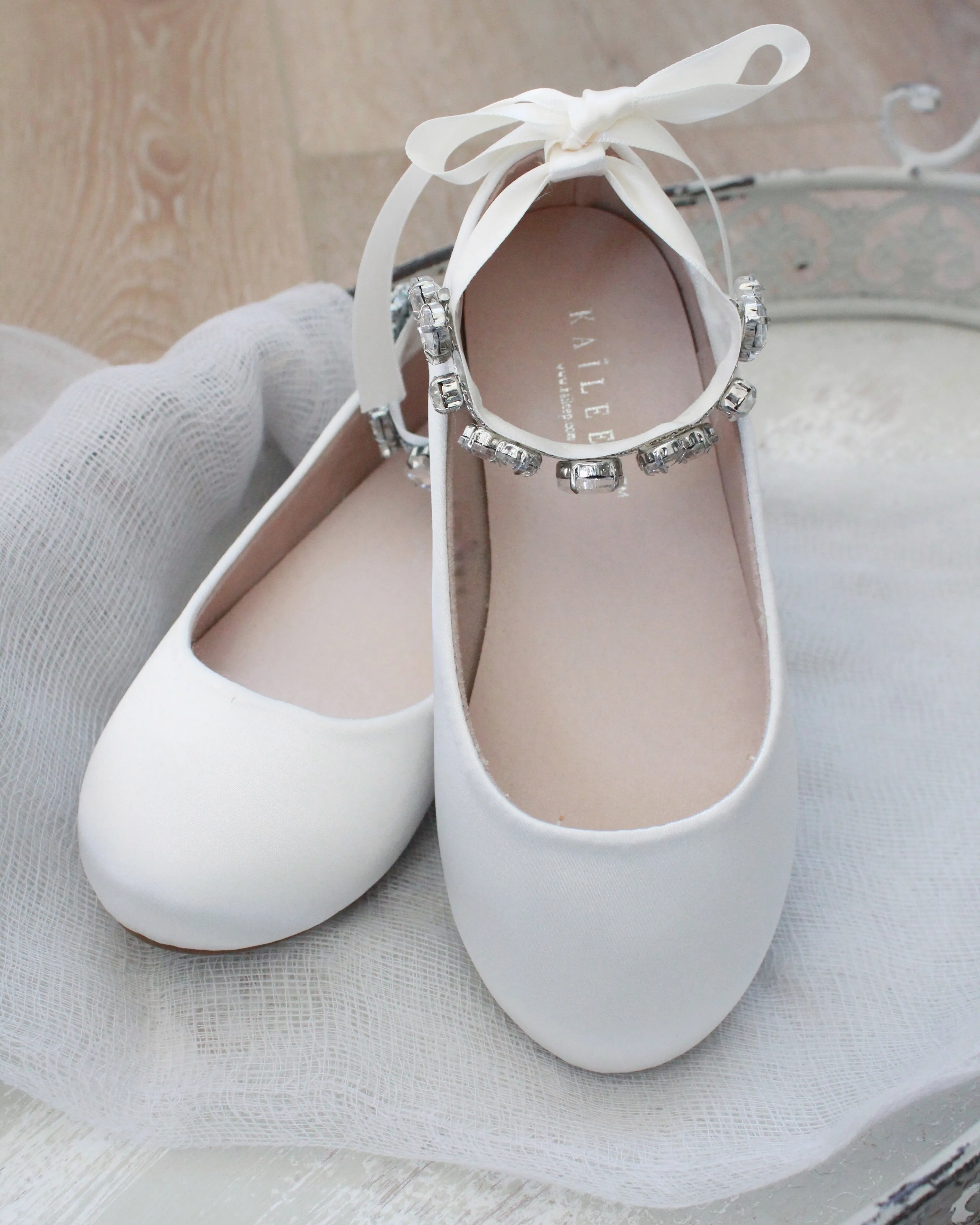 Ivory Satin Ballet Flats with Rhinestones