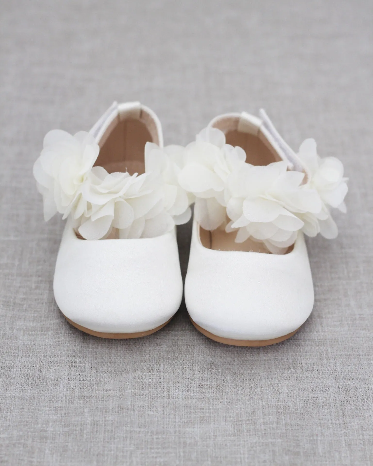 Ivory Satin Flats Chiffon Flowers Ankle Strap