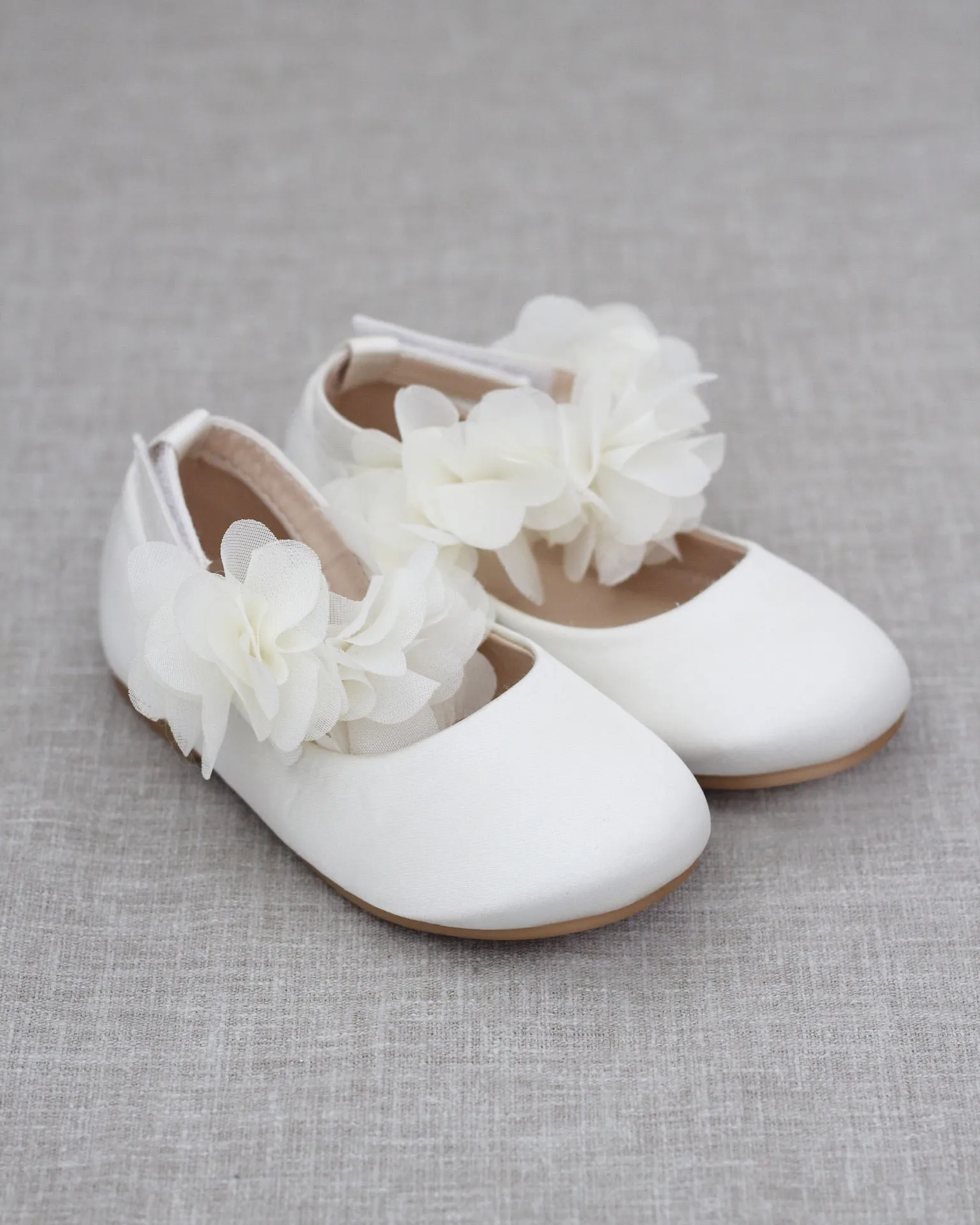 Ivory Satin Flats Chiffon Flowers Ankle Strap