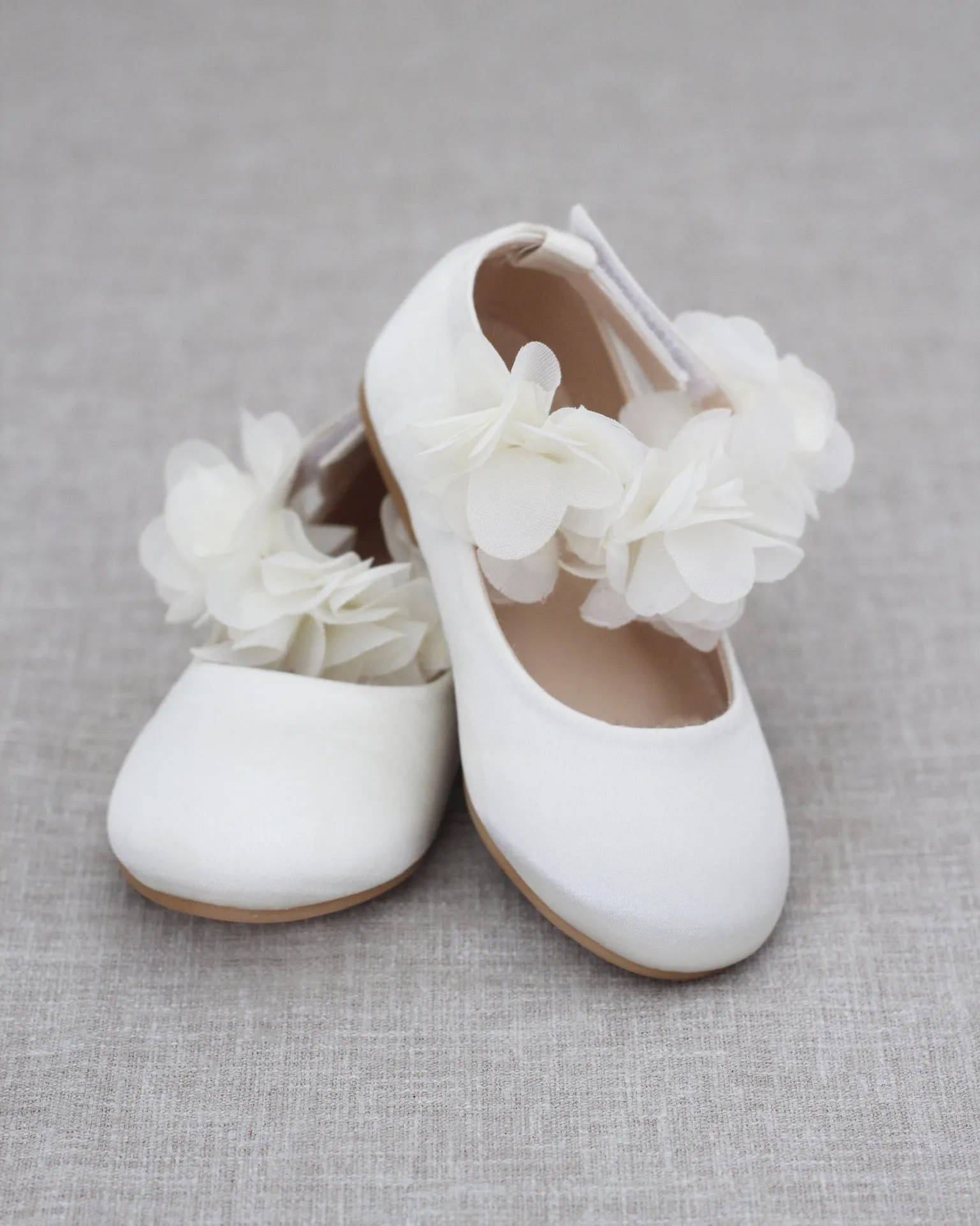 Ivory Satin Flats Chiffon Flowers Ankle Strap