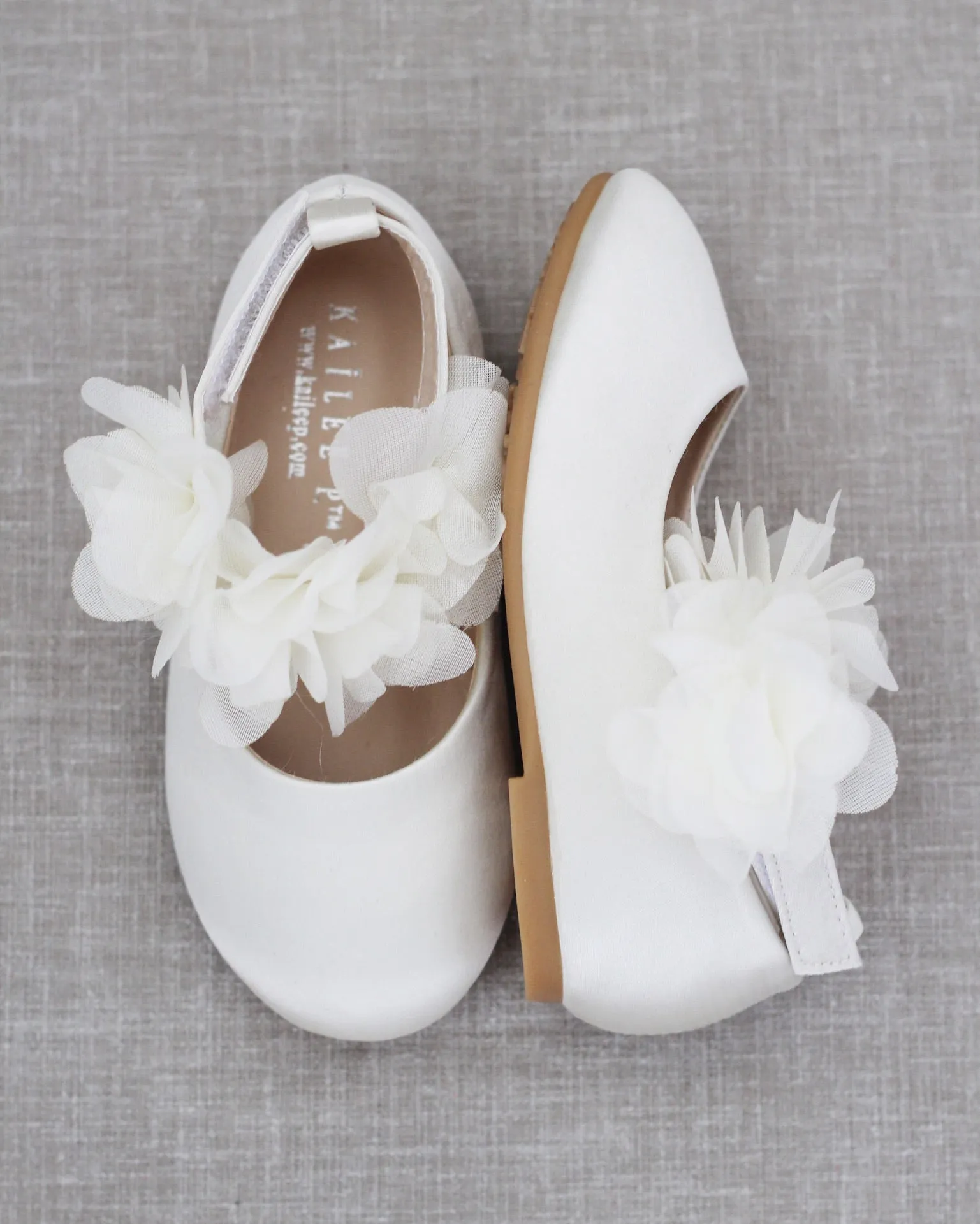 Ivory Satin Flats Chiffon Flowers Ankle Strap