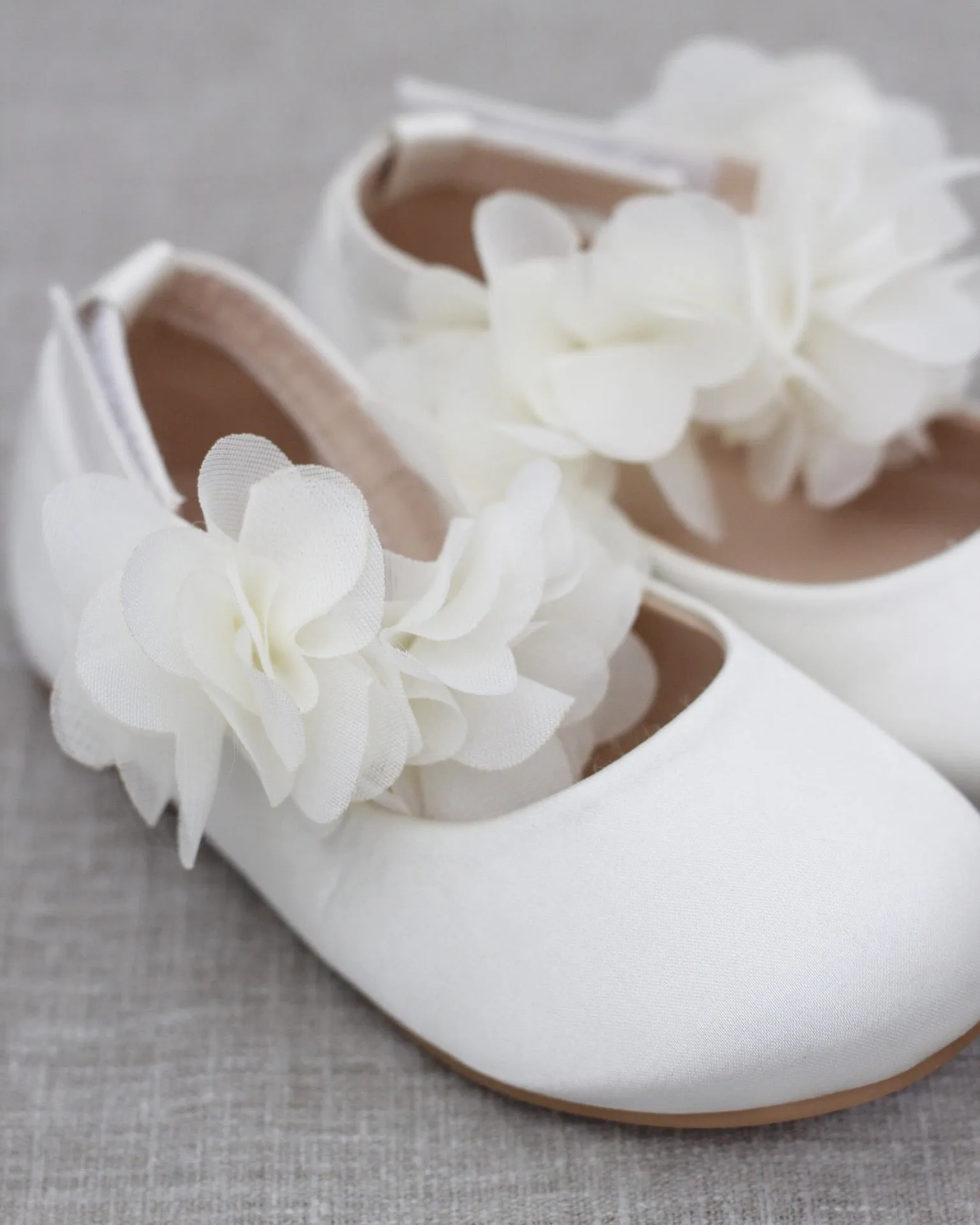 Ivory Satin Flats Chiffon Flowers Ankle Strap