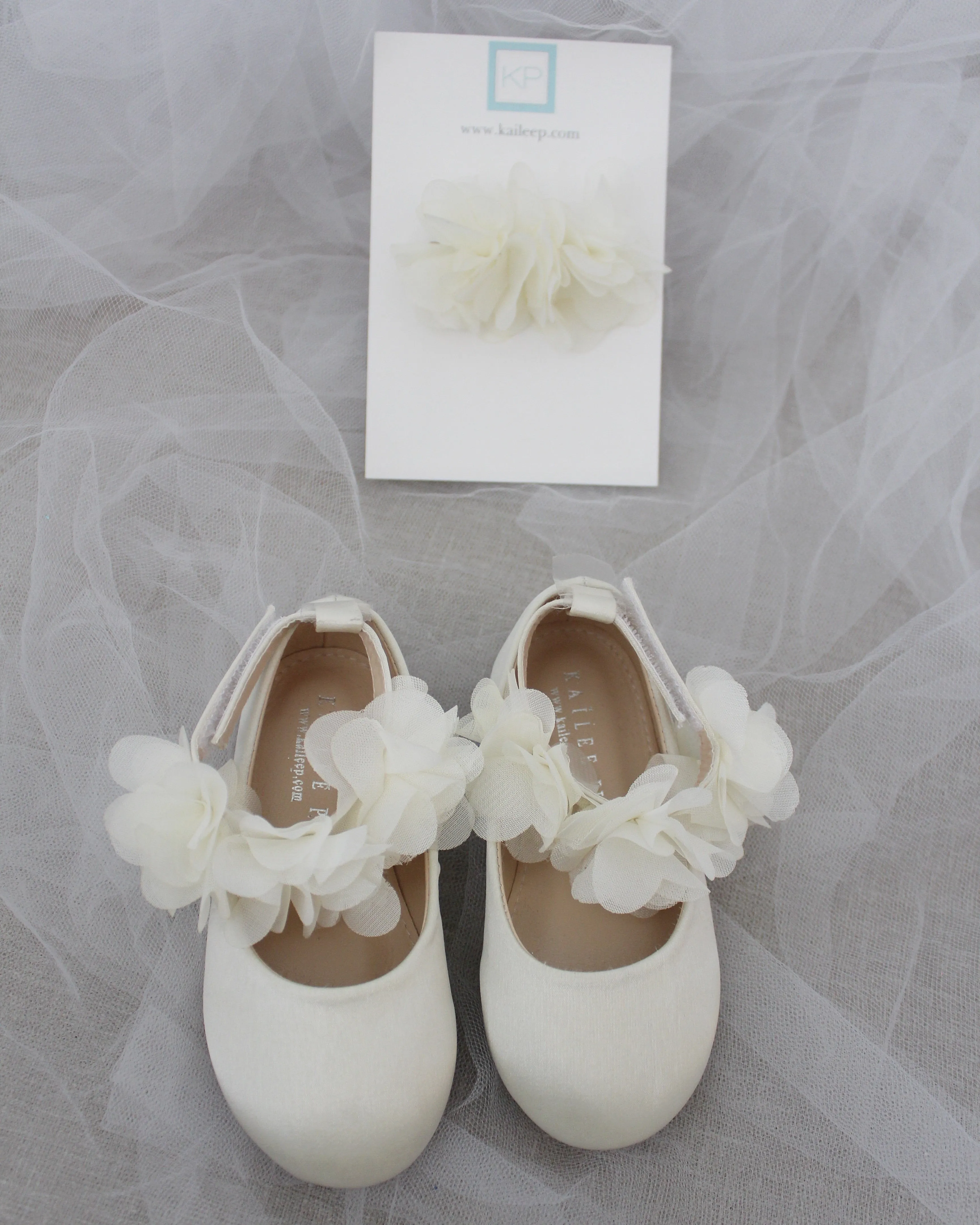 Ivory Satin Flats Chiffon Flowers Ankle Strap