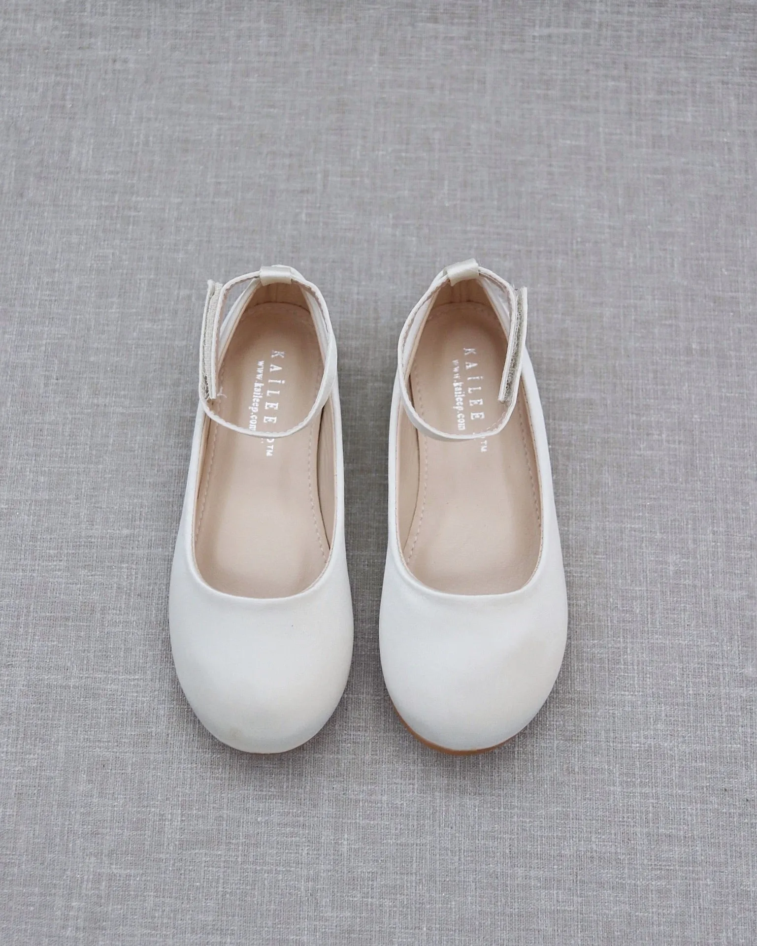 Ivory Satin Flats, Velcro Ankle Strap - Buy Now