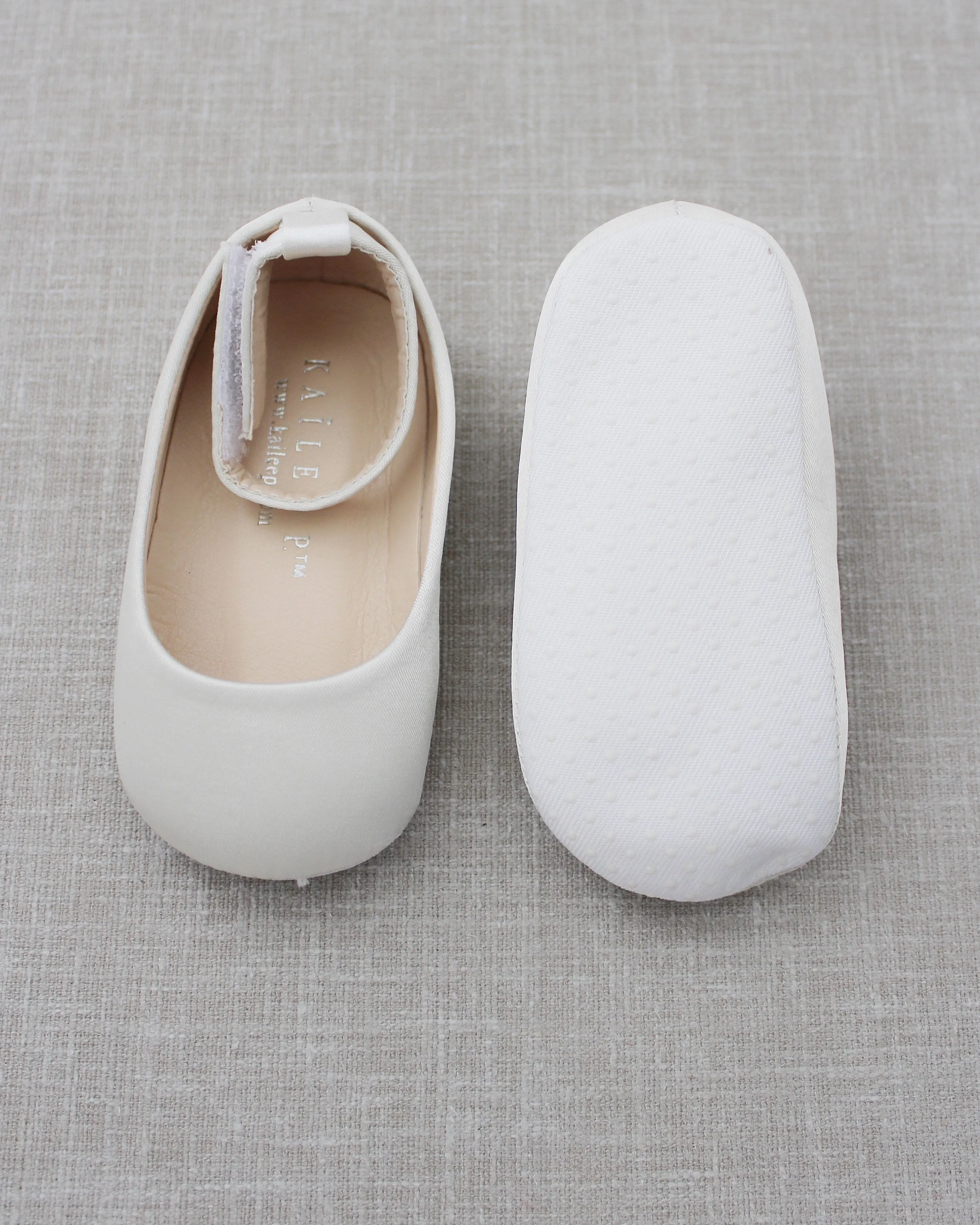 Ivory Satin Flats, Velcro Ankle Strap - Buy Now