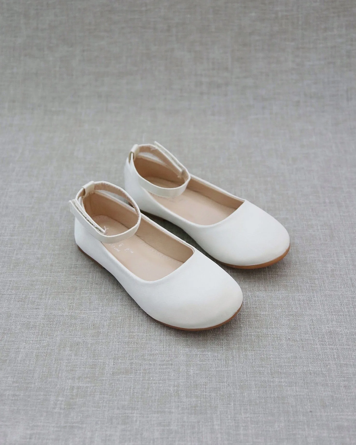 Ivory Satin Flats, Velcro Ankle Strap - Buy Now