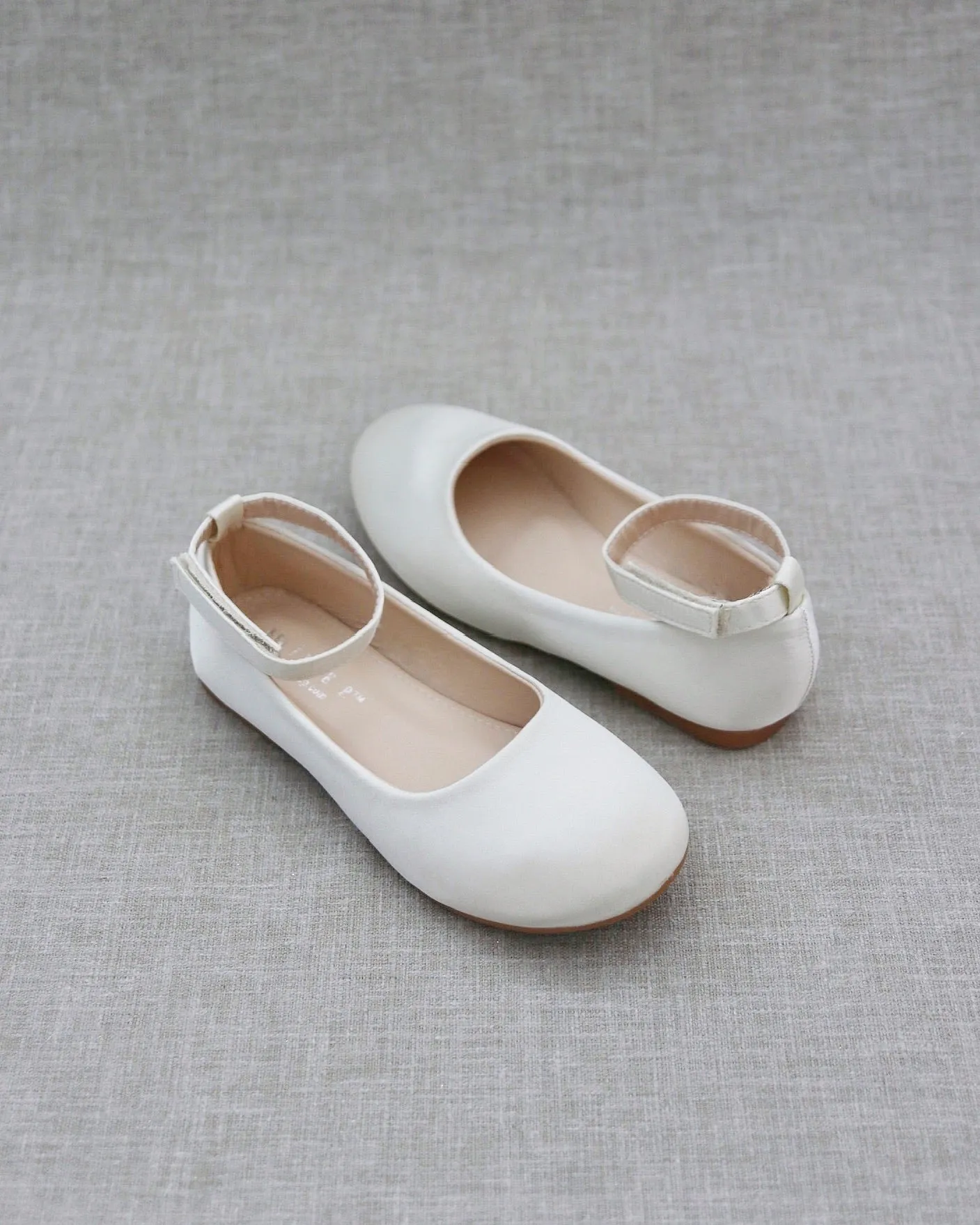 Ivory Satin Flats, Velcro Ankle Strap - Buy Now