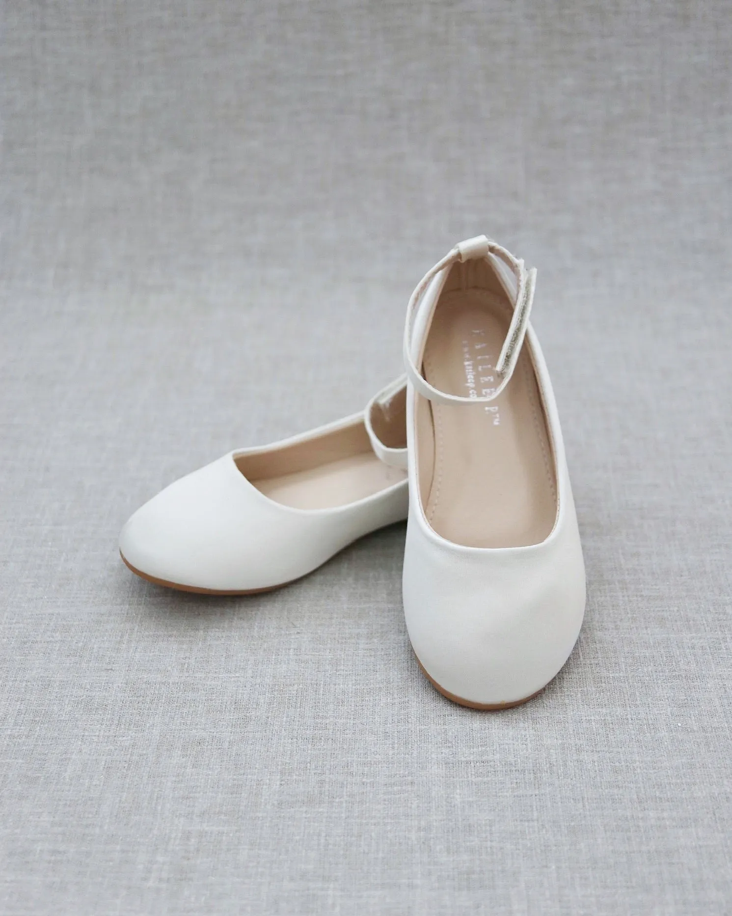 Ivory Satin Flats, Velcro Ankle Strap - Buy Now