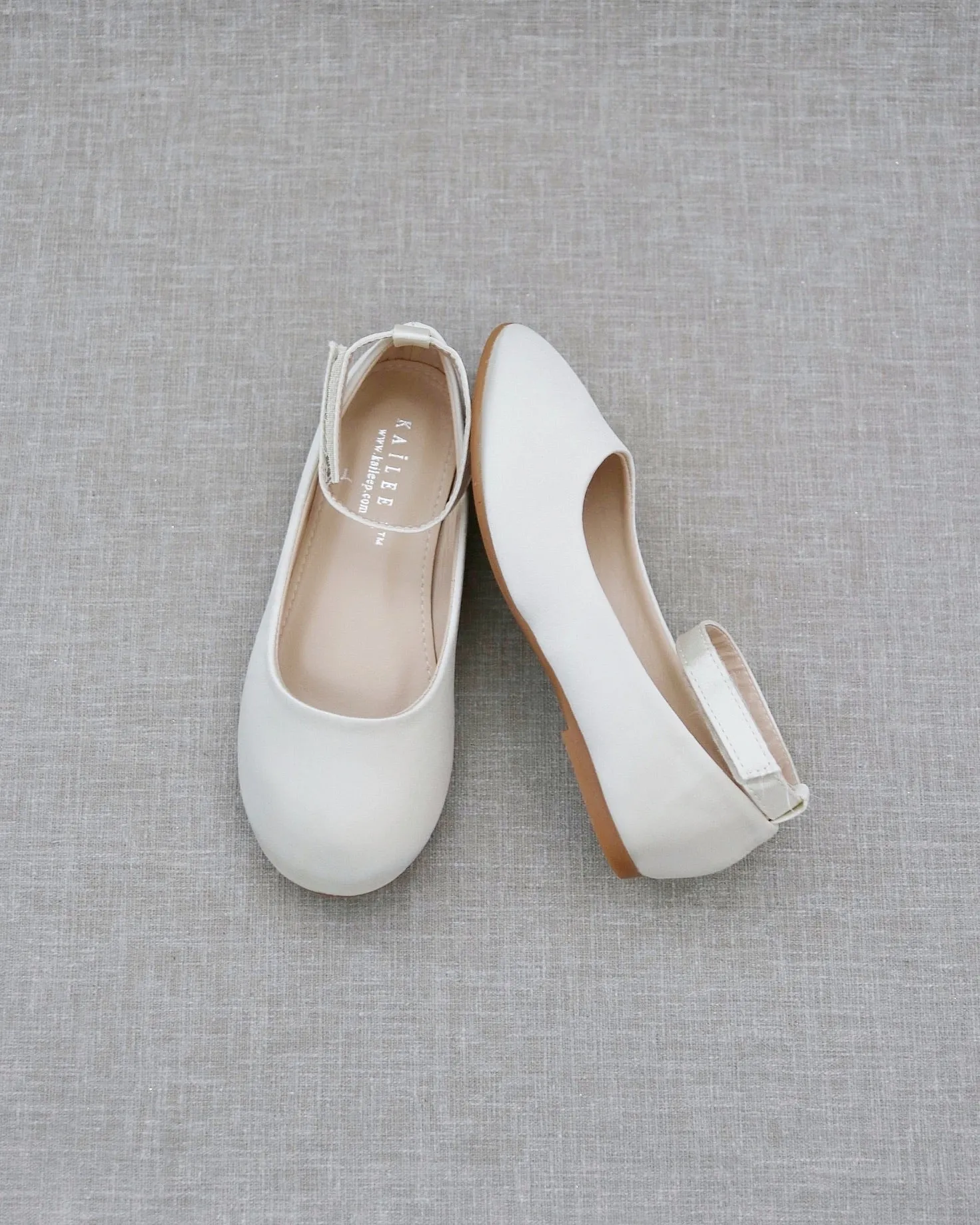 Ivory Satin Flats, Velcro Ankle Strap - Buy Now