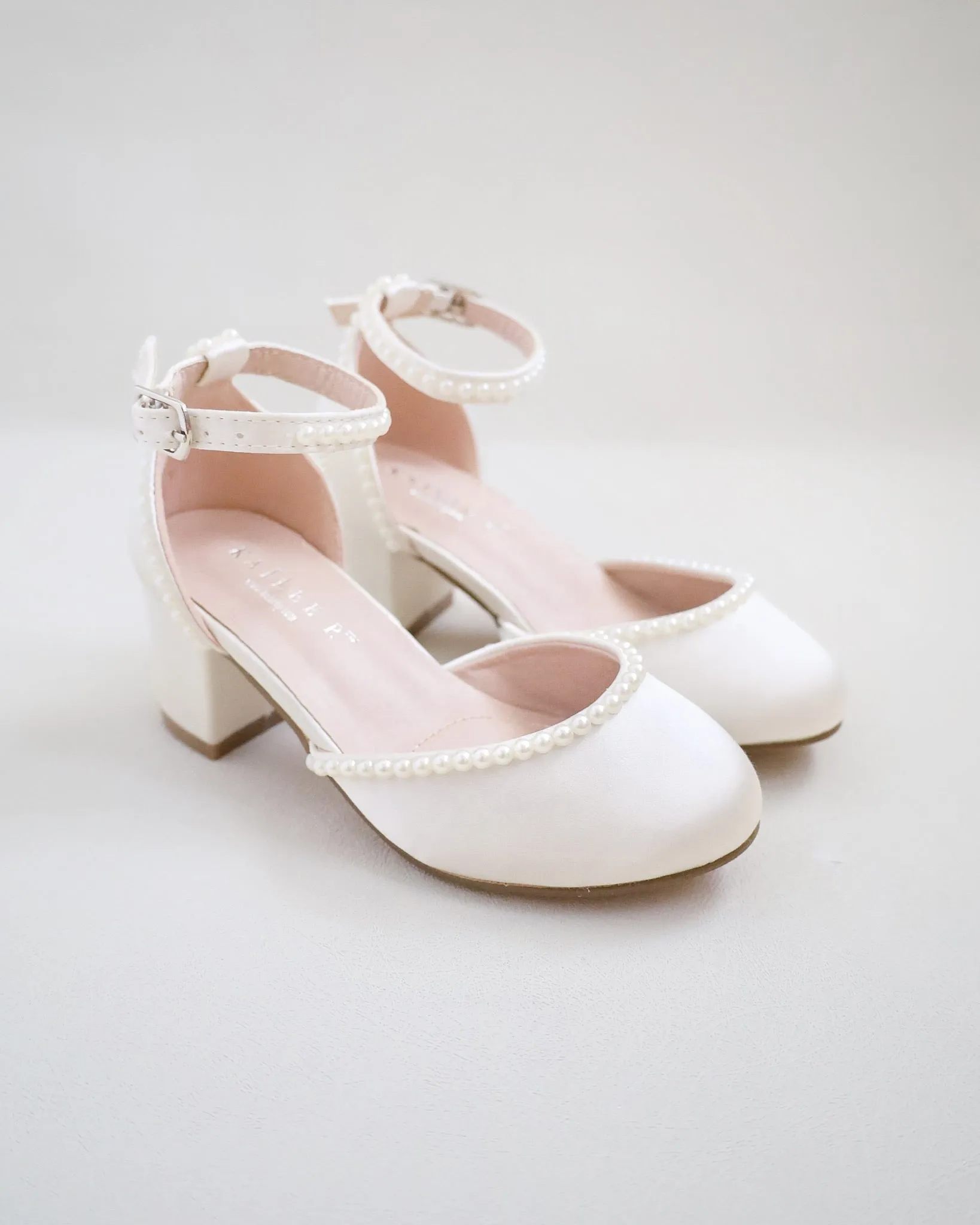 Ivory Satin Girls Block Heel with Mini Pearls - Google SEO optimized result: Ivory Satin Girls Block Heel Shoes with Mini Pearls