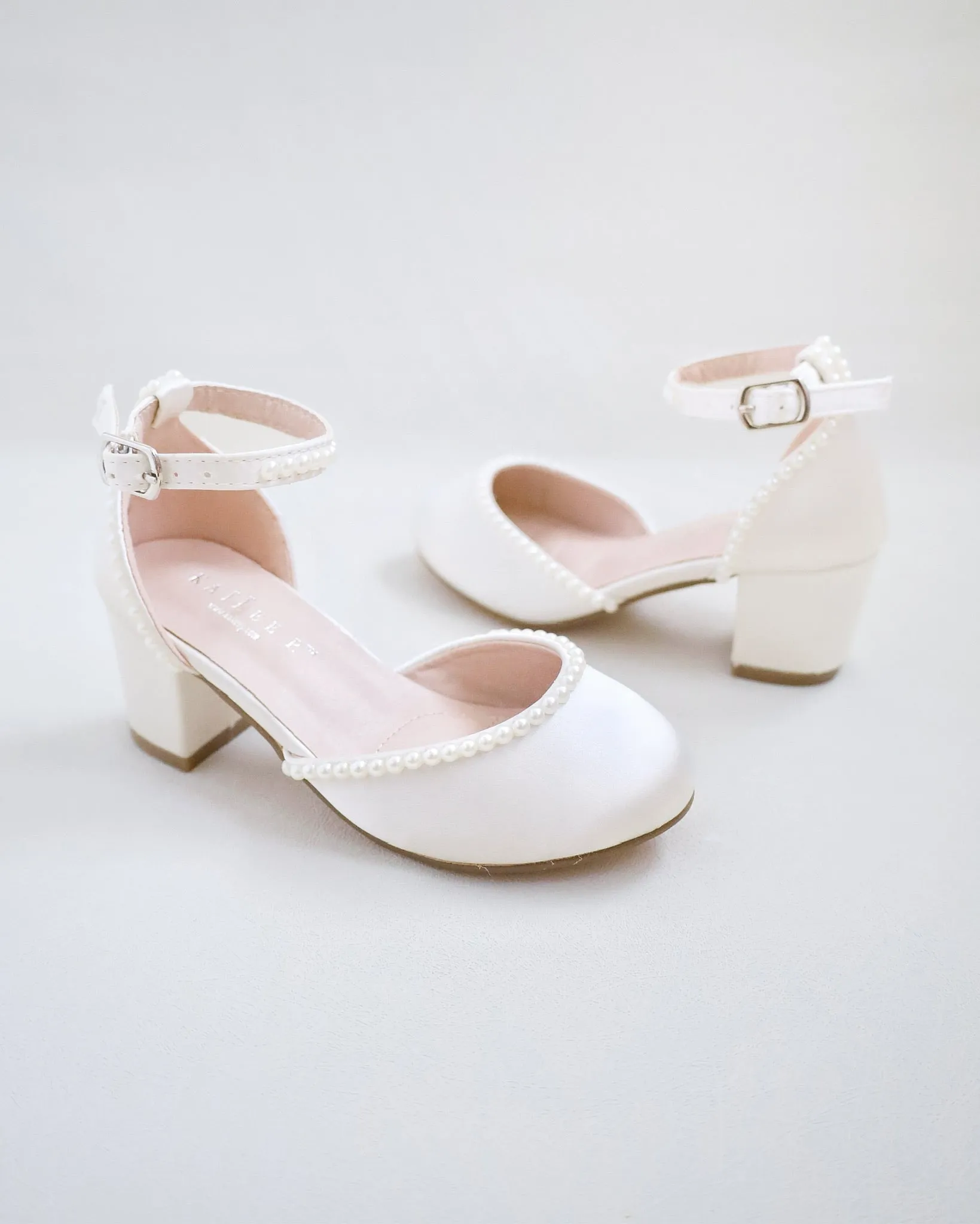 Ivory Satin Girls Block Heel with Mini Pearls - Google SEO optimized result: Ivory Satin Girls Block Heel Shoes with Mini Pearls