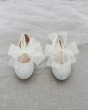 Ivory Satin Mary Jane Flats - Rhinestones - Chiffon Bow.