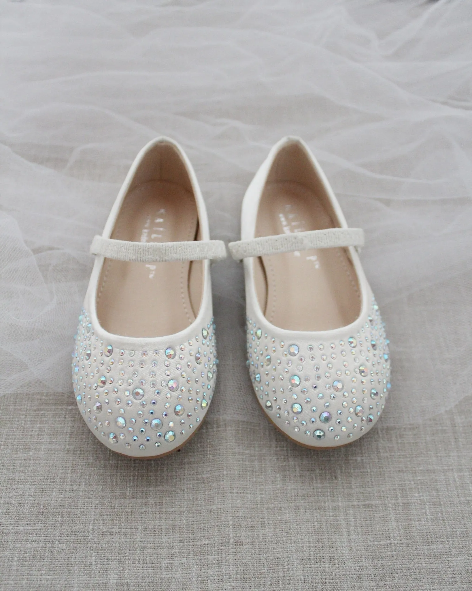 Ivory Satin Mary Jane Flats Rhinestones Embellishment