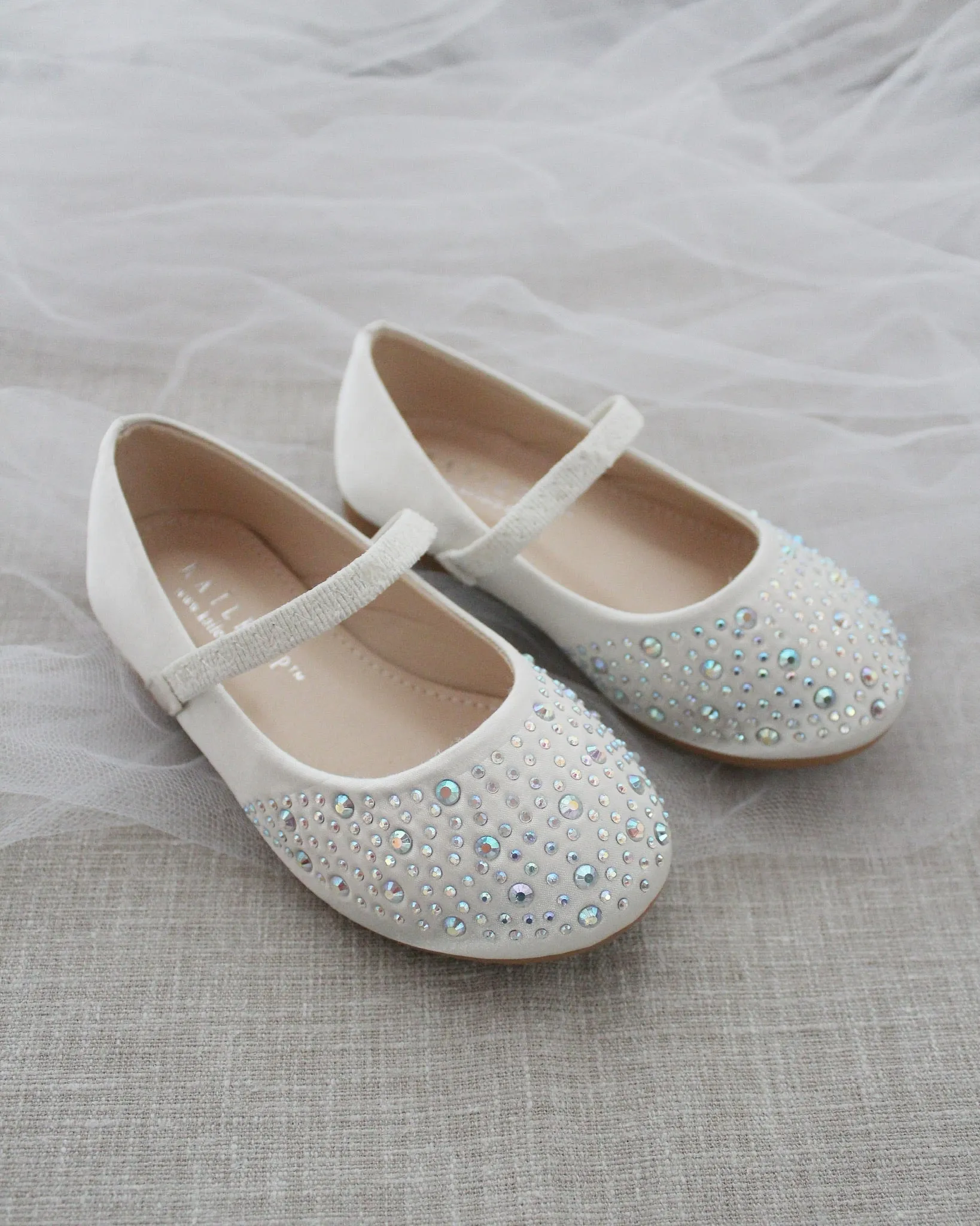 Ivory Satin Mary Jane Flats Rhinestones Embellishment