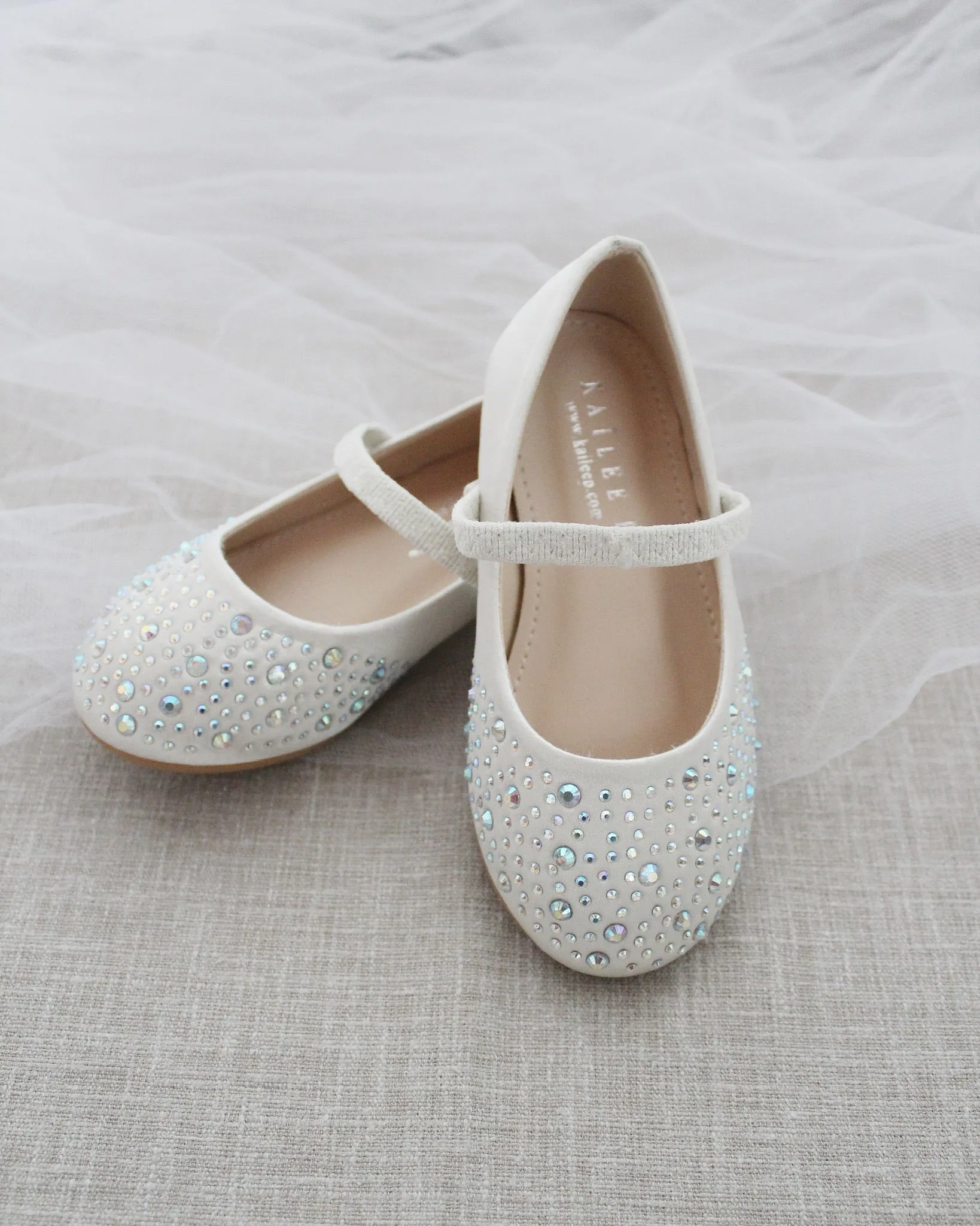 Ivory Satin Mary Jane Flats Rhinestones Embellishment