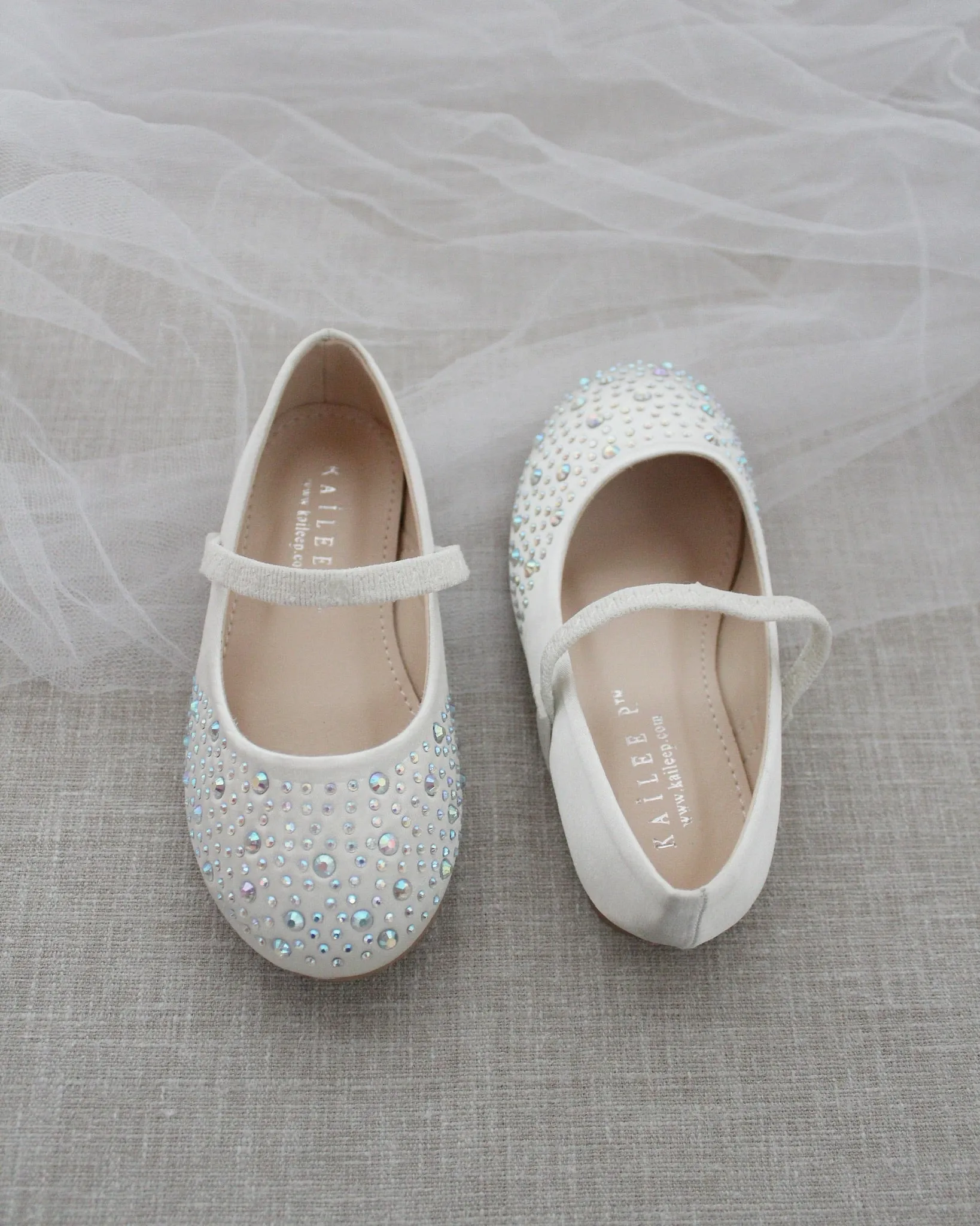 Ivory Satin Mary Jane Flats Rhinestones Embellishment