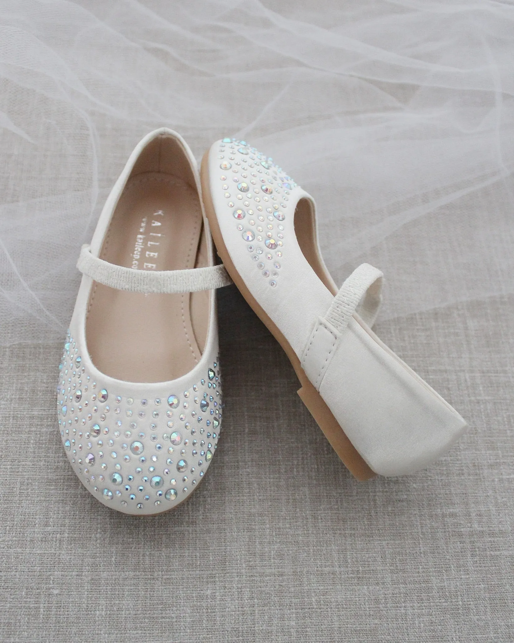 Ivory Satin Mary Jane Flats Rhinestones Embellishment