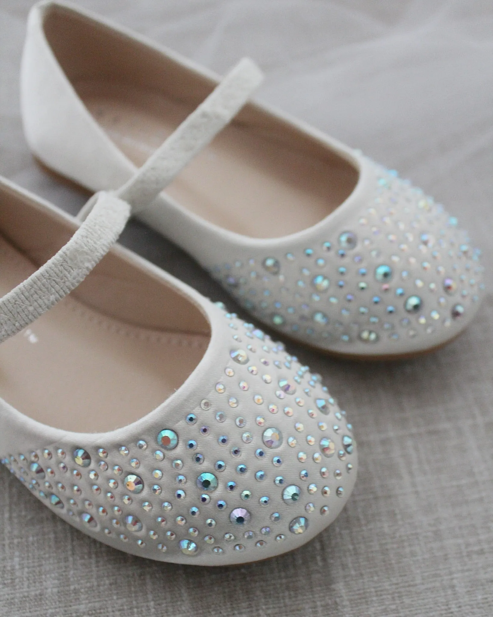 Ivory Satin Mary Jane Flats Rhinestones Embellishment