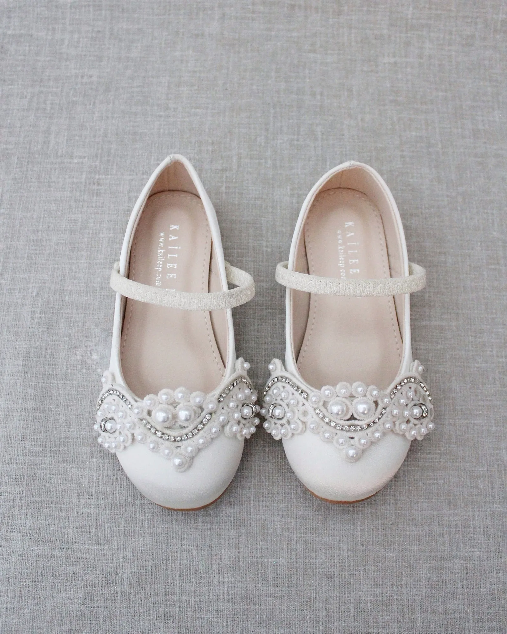 Ivory Satin Mary Jane Flats with Small Pearls Applique - Shop now!