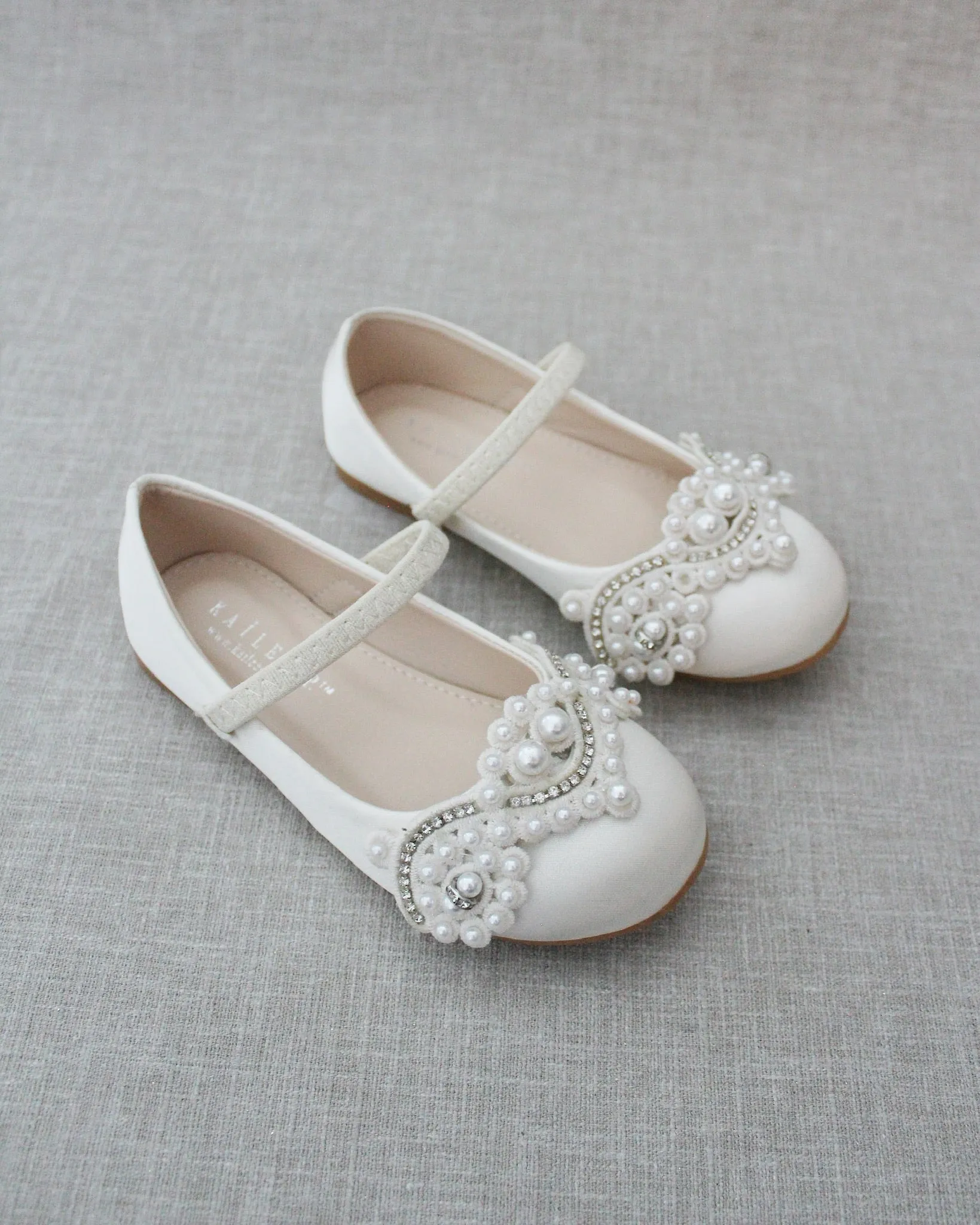 Ivory Satin Mary Jane Flats with Small Pearls Applique - Shop now!