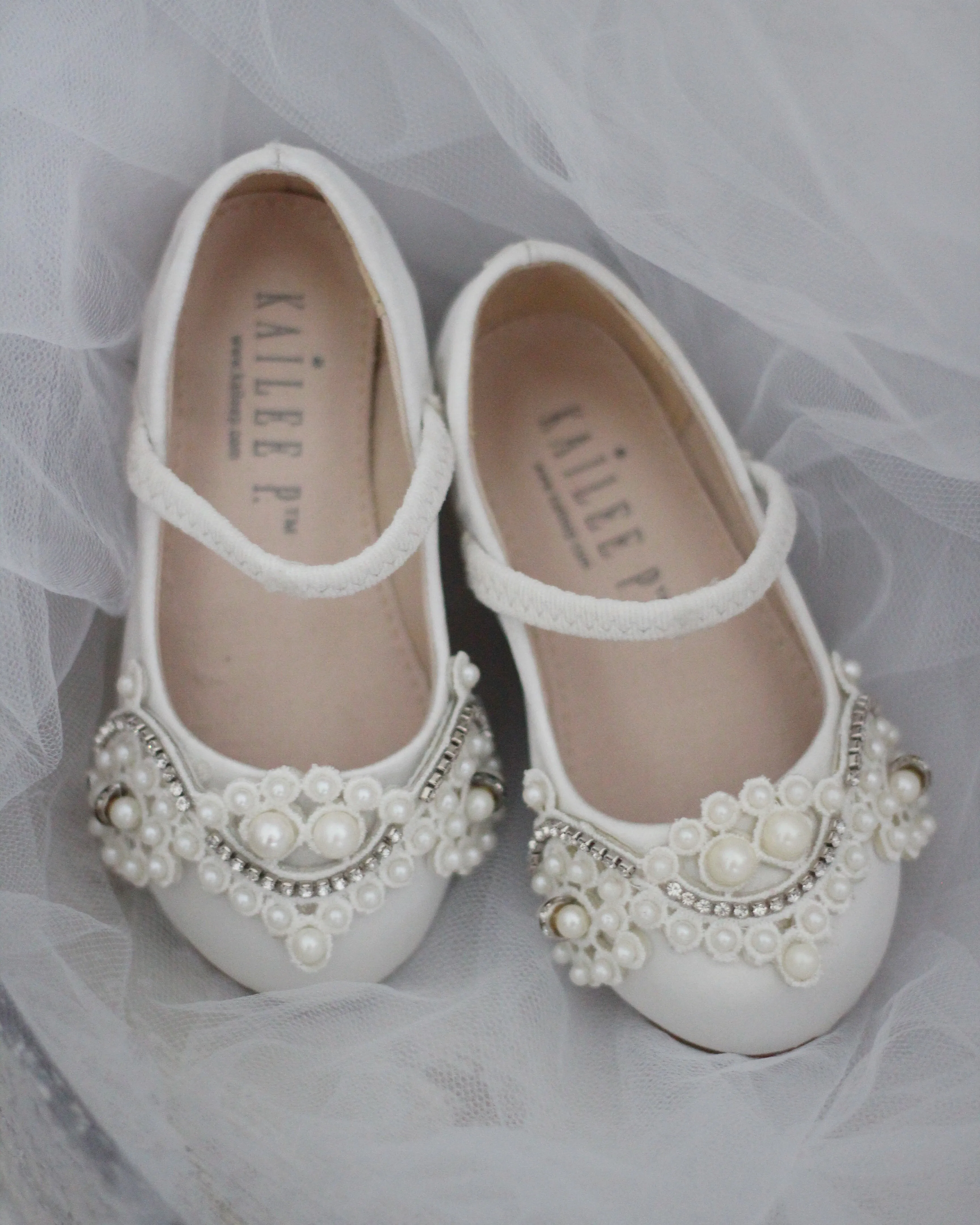 Ivory Satin Mary Jane Flats with Small Pearls Applique - Shop now!