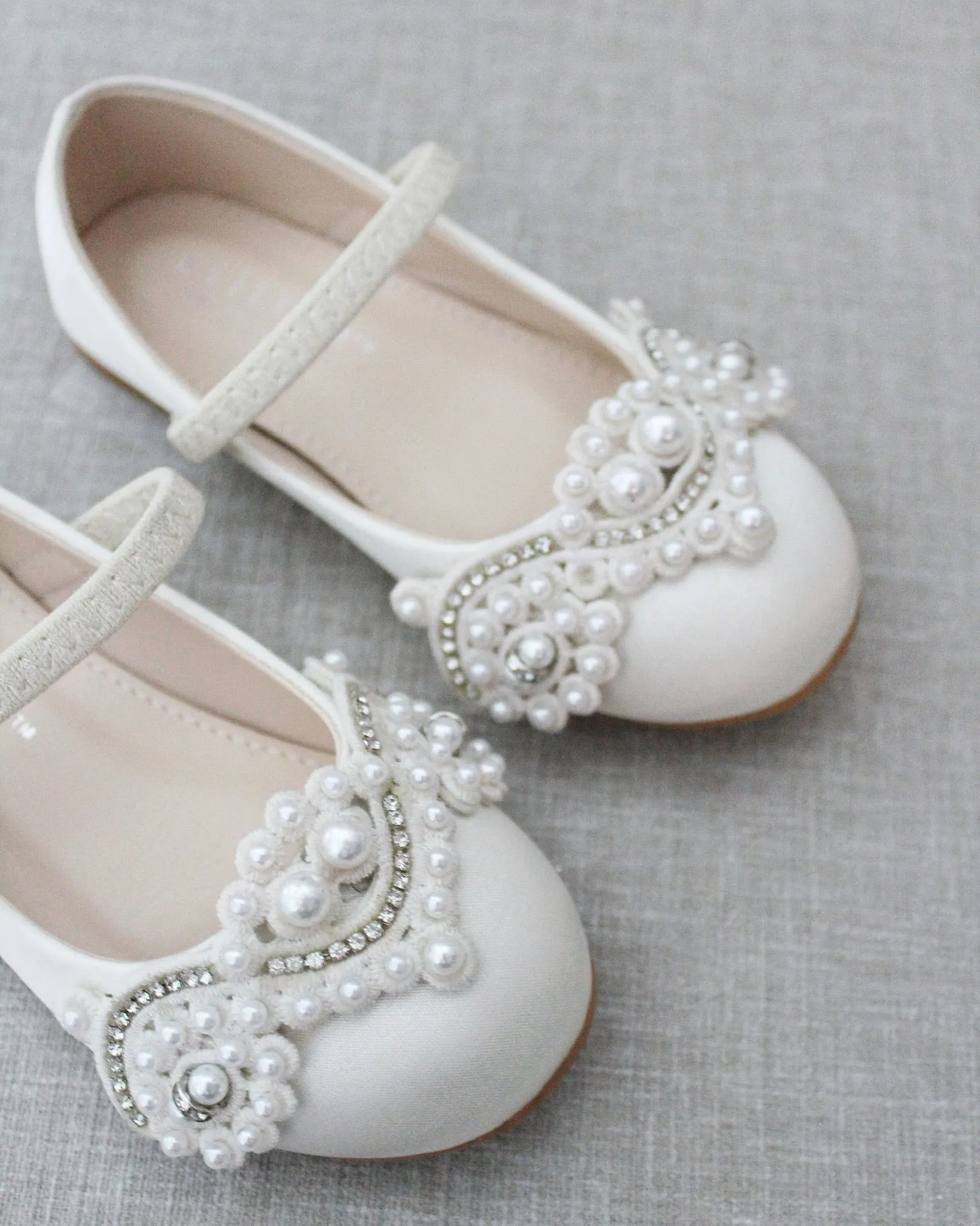 Ivory Satin Mary Jane Flats with Small Pearls Applique - Shop now!