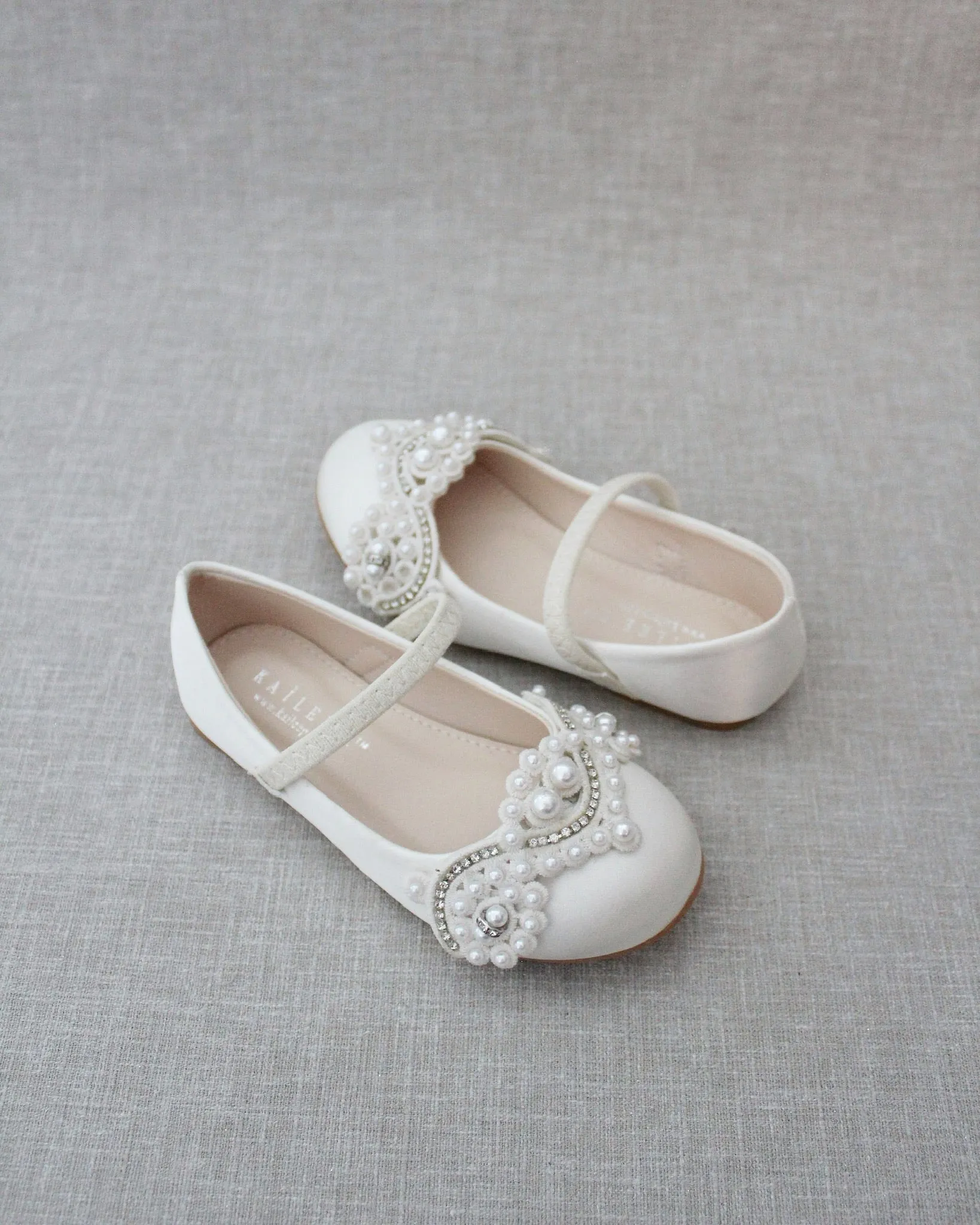 Ivory Satin Mary Jane Flats with Small Pearls Applique - Shop now!