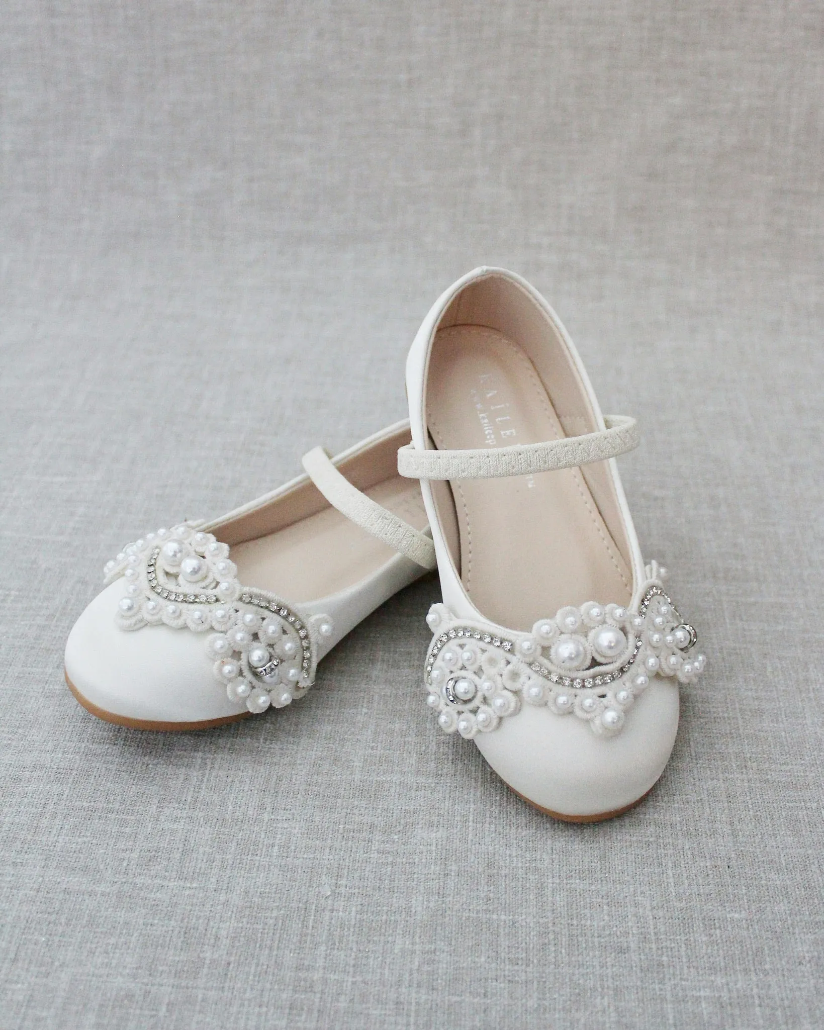 Ivory Satin Mary Jane Flats with Small Pearls Applique - Shop now!