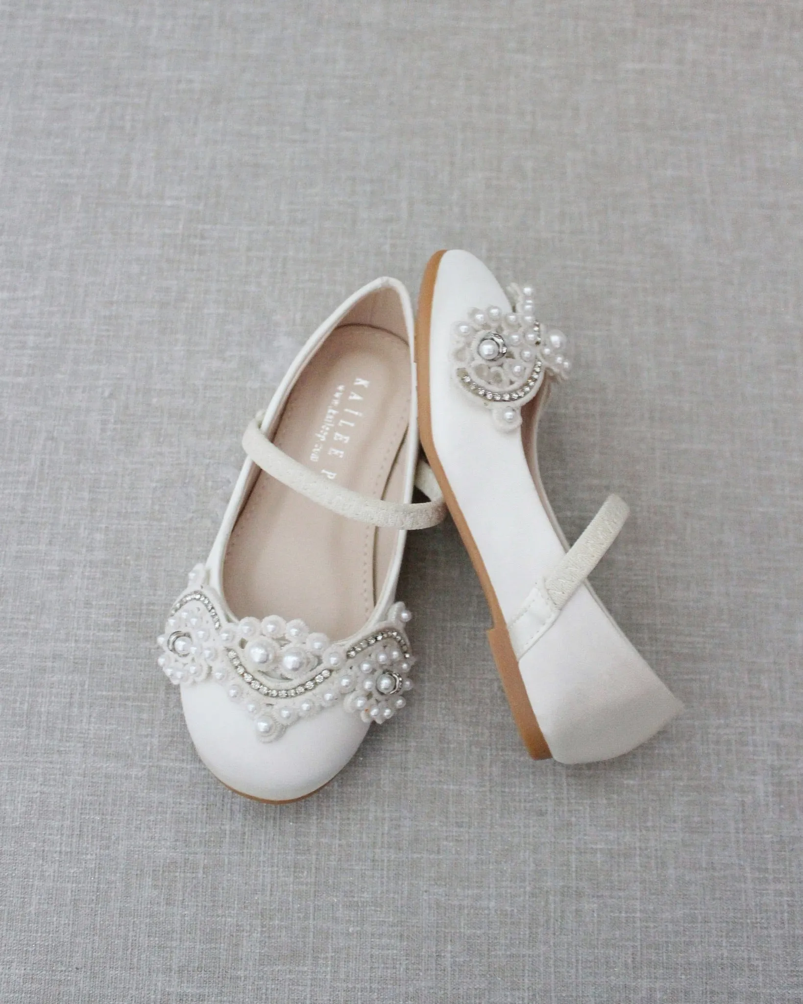 Ivory Satin Mary Jane Flats with Small Pearls Applique - Shop now!