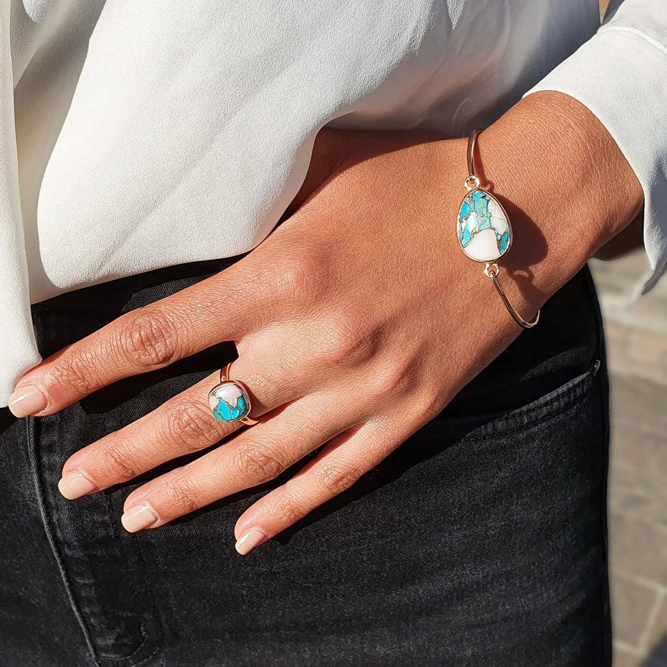 Jewellery | Rose Gold Vermeil Plated Opal And Turquoise Gemstone Bangle Bracelet | Harfi