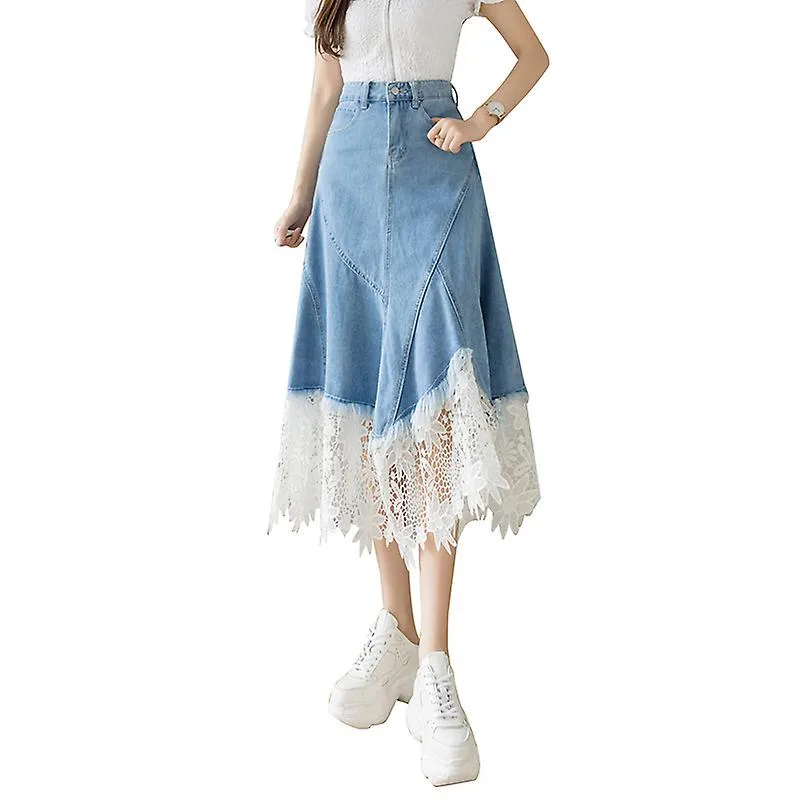 Jwl-jean Skirts Women Harajuku Lace Midi Vintage A-line Irregular Ddenim Umbrella Skirt Lace Stitching Summer Korean Fashion Clo