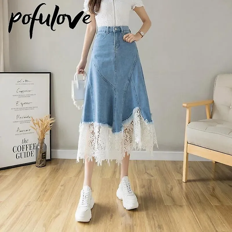 Jwl-jean Skirts Women Harajuku Lace Midi Vintage A-line Irregular Ddenim Umbrella Skirt Lace Stitching Summer Korean Fashion Clo