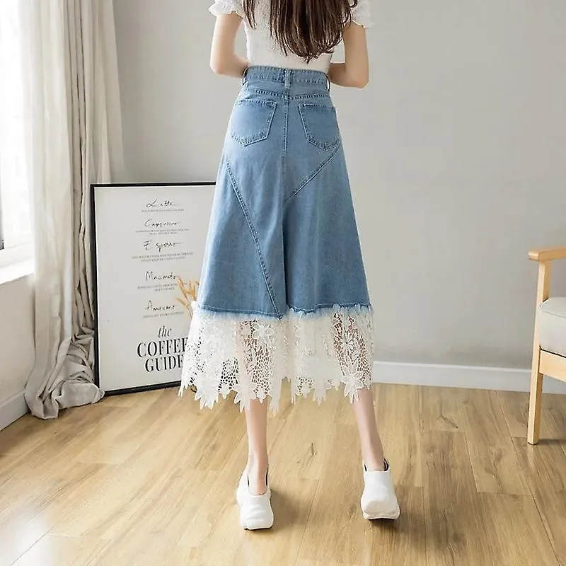 Jwl-jean Skirts Women Harajuku Lace Midi Vintage A-line Irregular Ddenim Umbrella Skirt Lace Stitching Summer Korean Fashion Clo